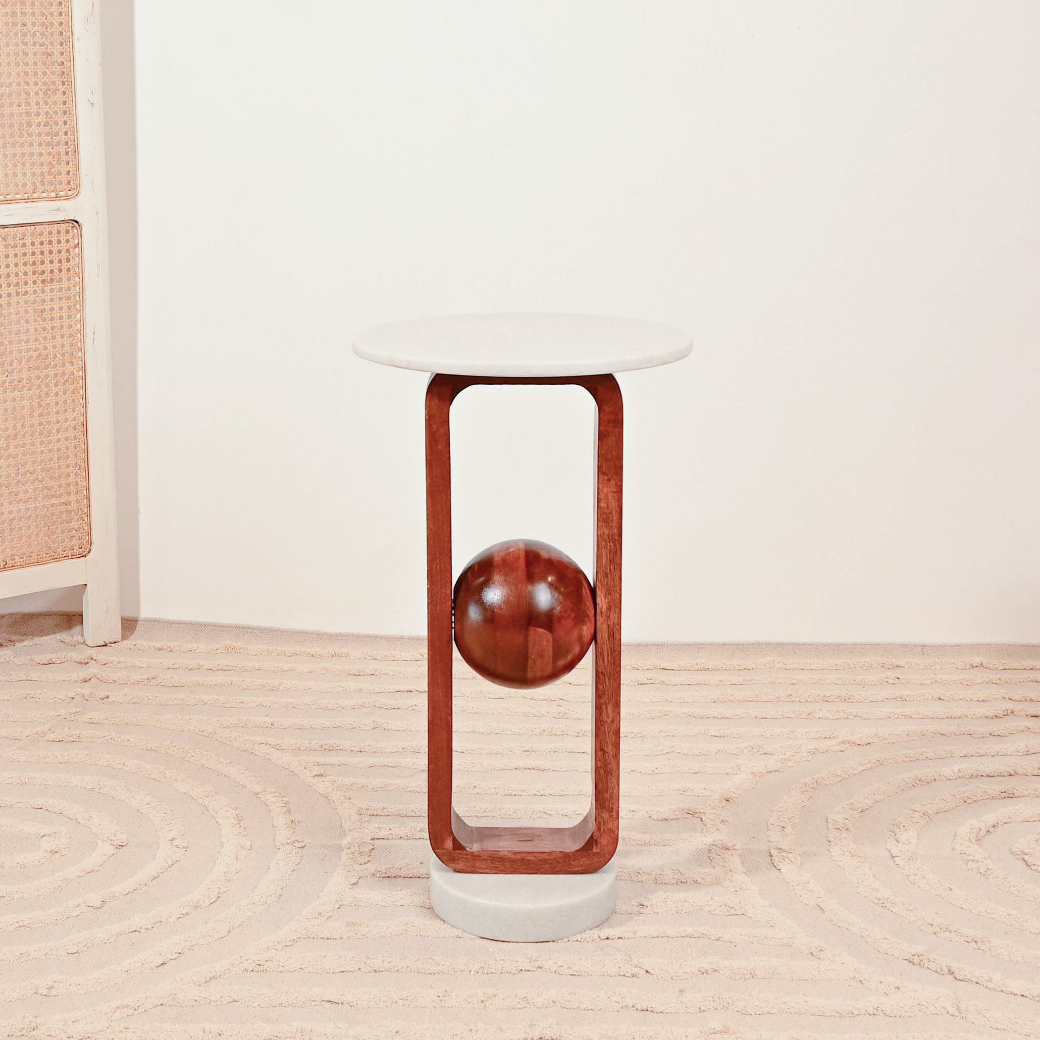Crafted by LifestyleMarble Top Accent Table with Wooden Sphere Detail - 62x35x62 cms-furniture-livingroom-sideandendtables-image-2