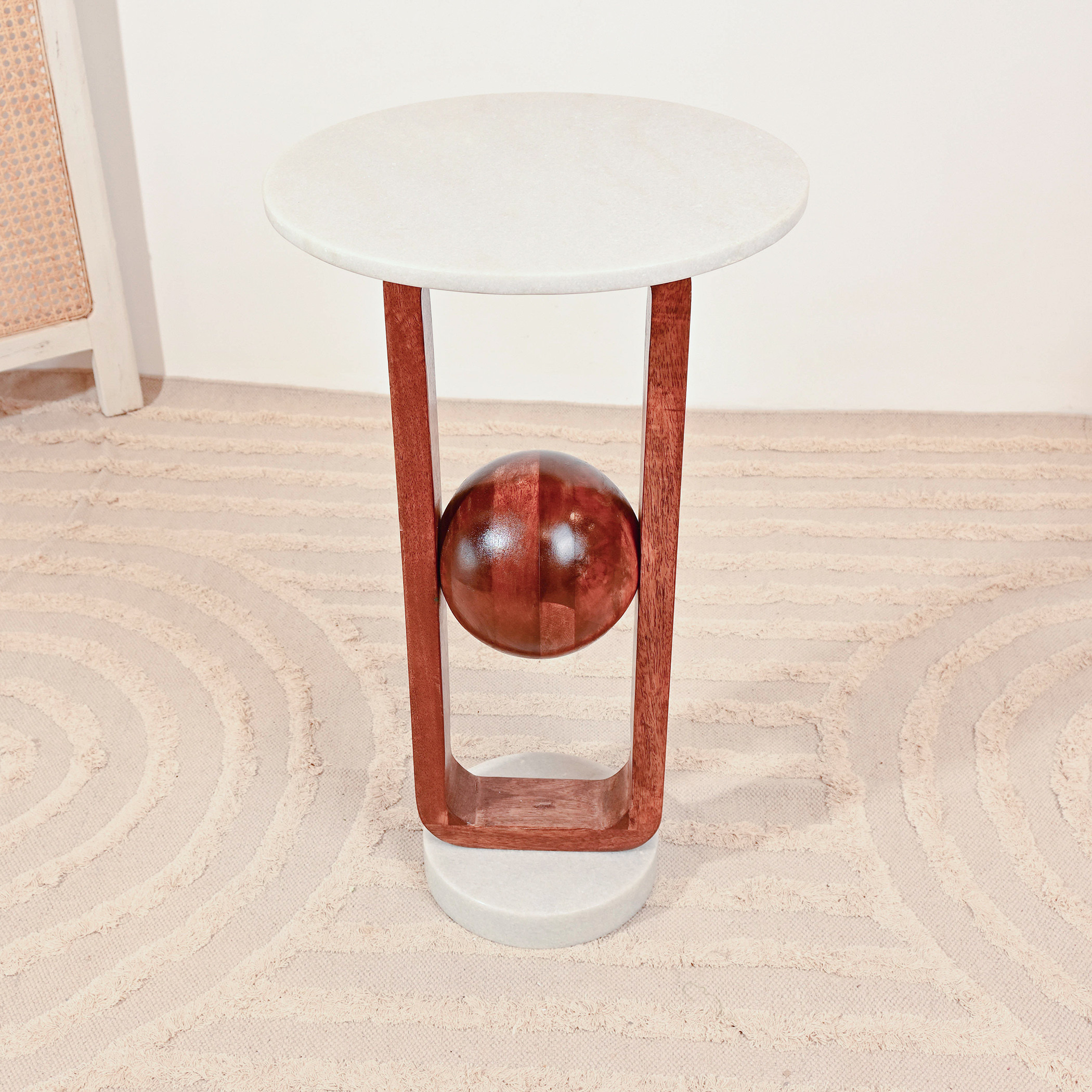 Crafted by LifestyleMarble Top Accent Table with Wooden Sphere Detail - 62x35x62 cms-furniture-livingroom-sideandendtables-image-4