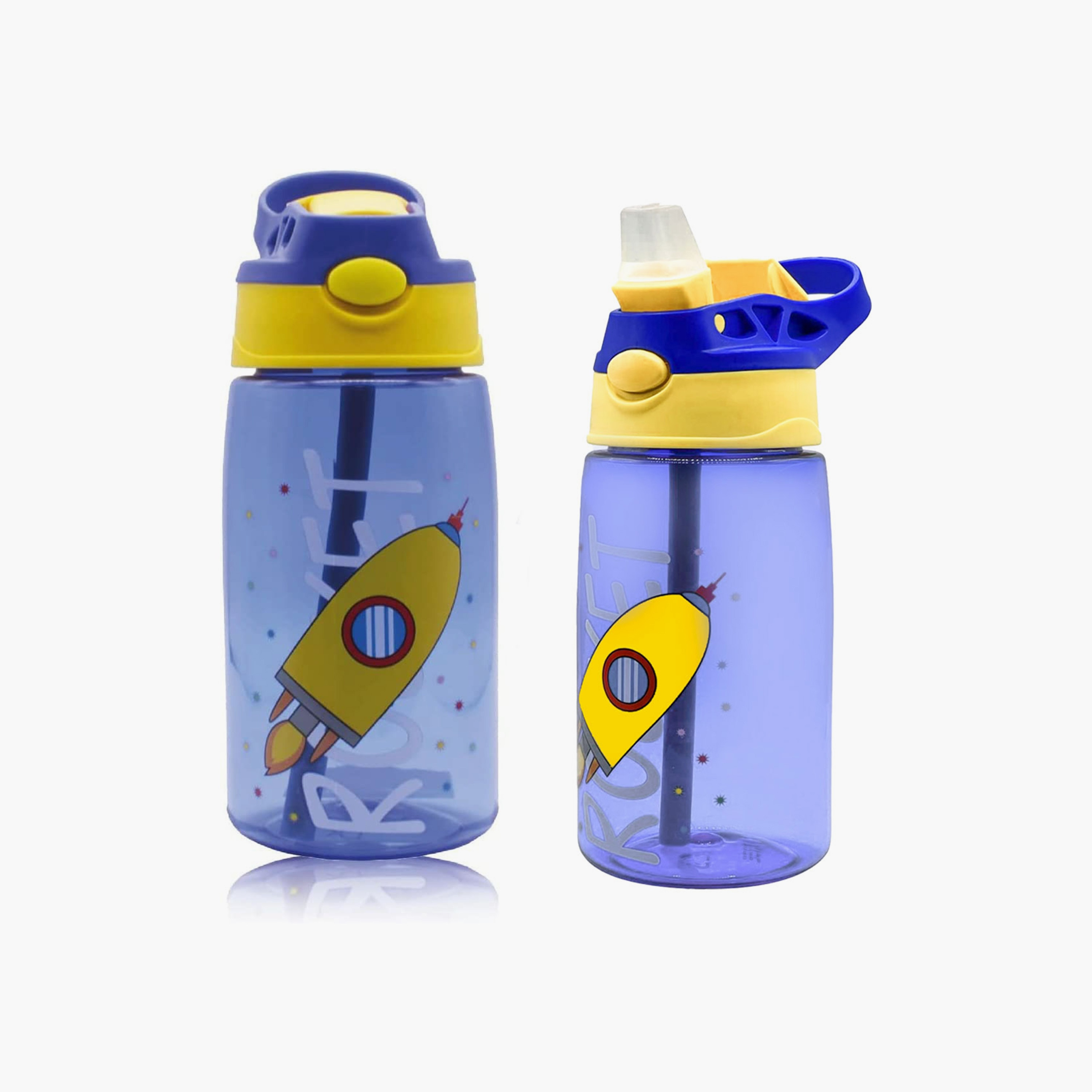 زجاجة مياه خالية مادة BPA مع ماصة من سناك أتاك - صاروخ - أزرق - 480 مل-school-waterbottles-image-1