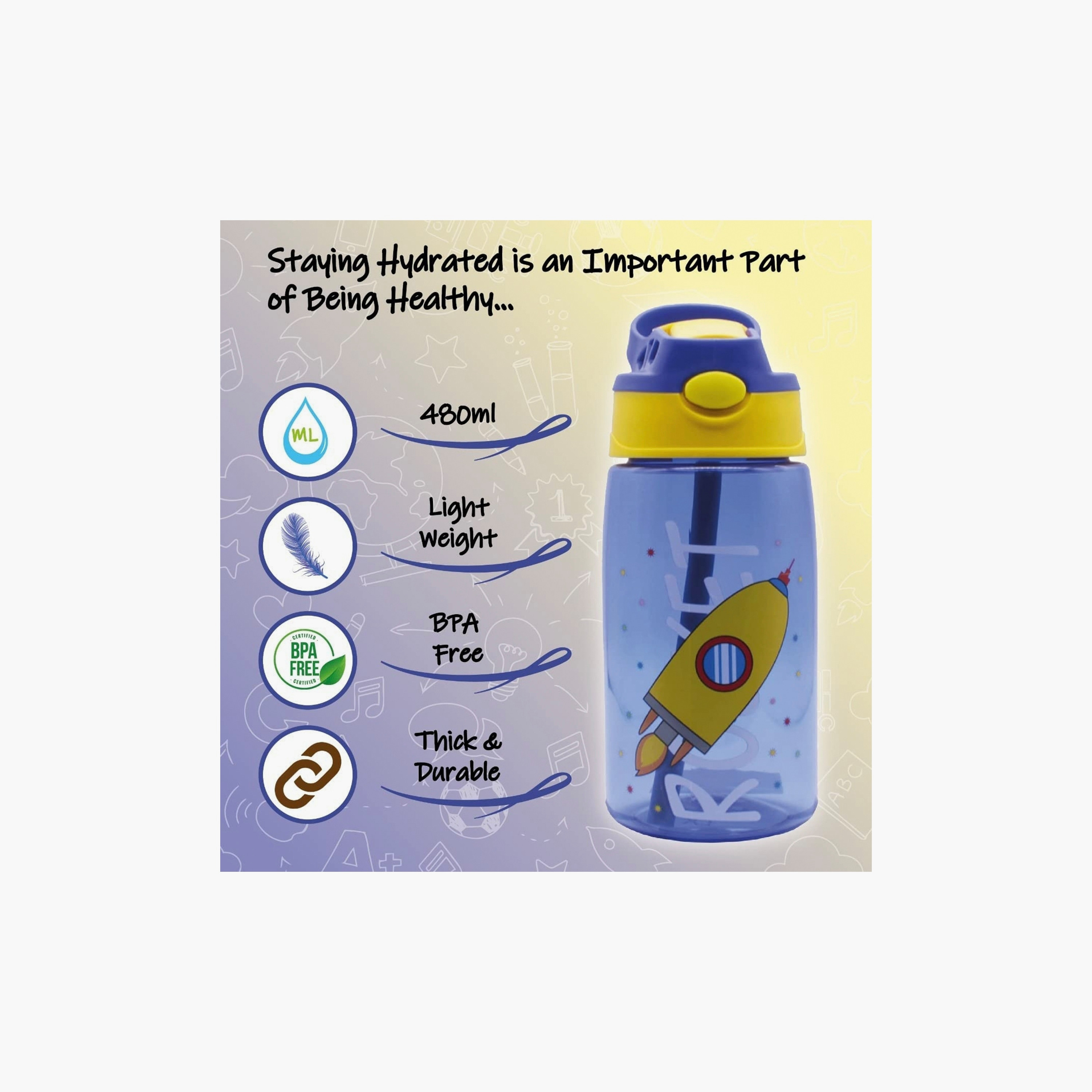 زجاجة مياه خالية مادة BPA مع ماصة من سناك أتاك - صاروخ - أزرق - 480 مل-school-waterbottles-image-3