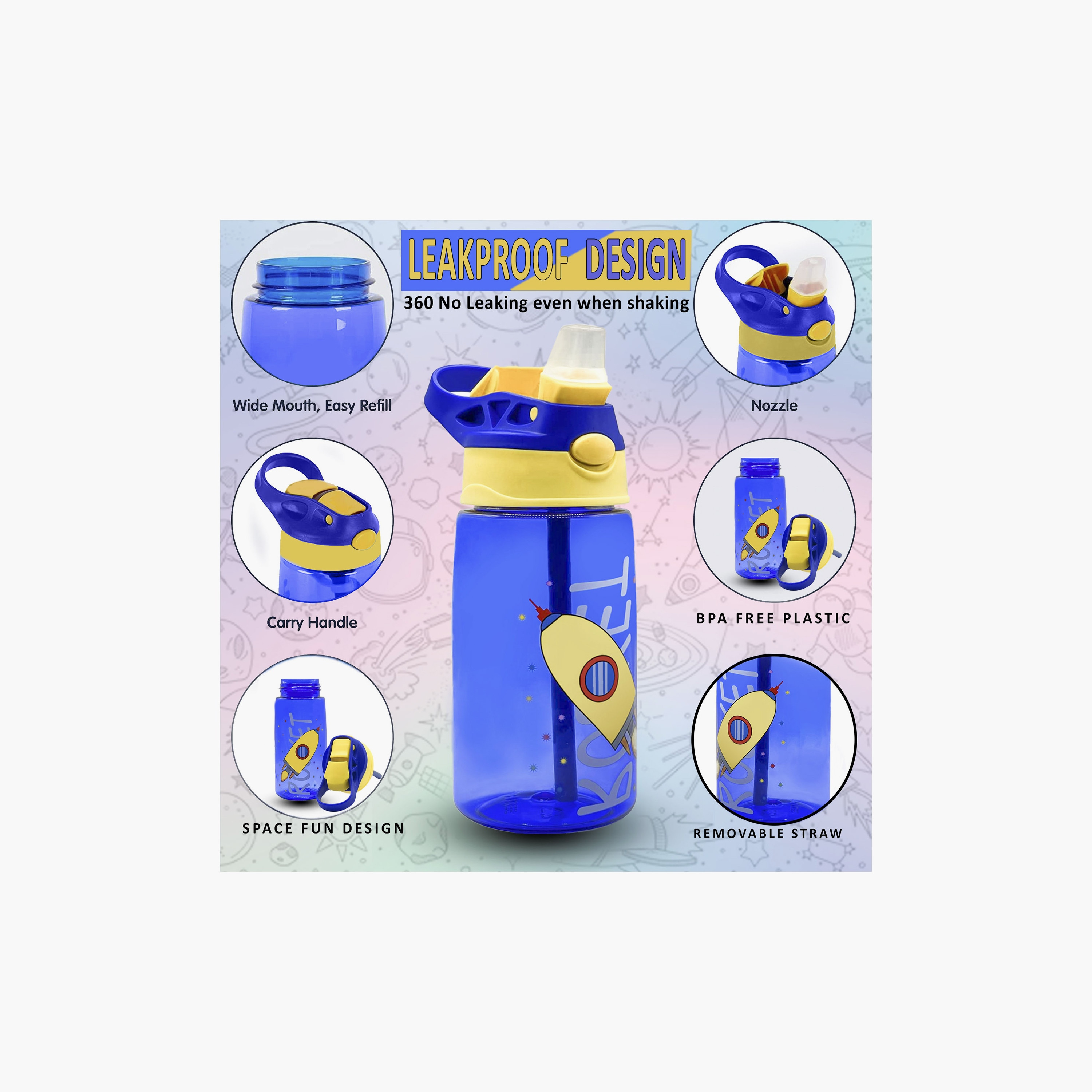 زجاجة مياه خالية مادة BPA مع ماصة من سناك أتاك - صاروخ - أزرق - 480 مل-school-waterbottles-image-4