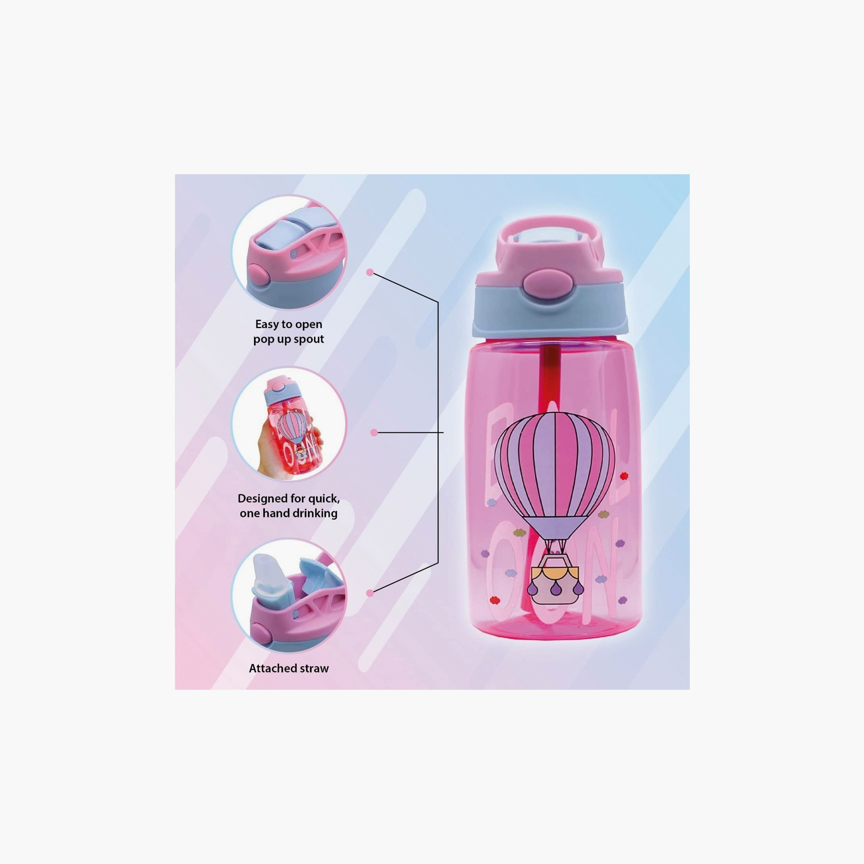 زجاجة مياه خالية مادة BPA مع ماصة من سناك أتاك - بالون - وردي - 480 مل-school-waterbottles-image-2