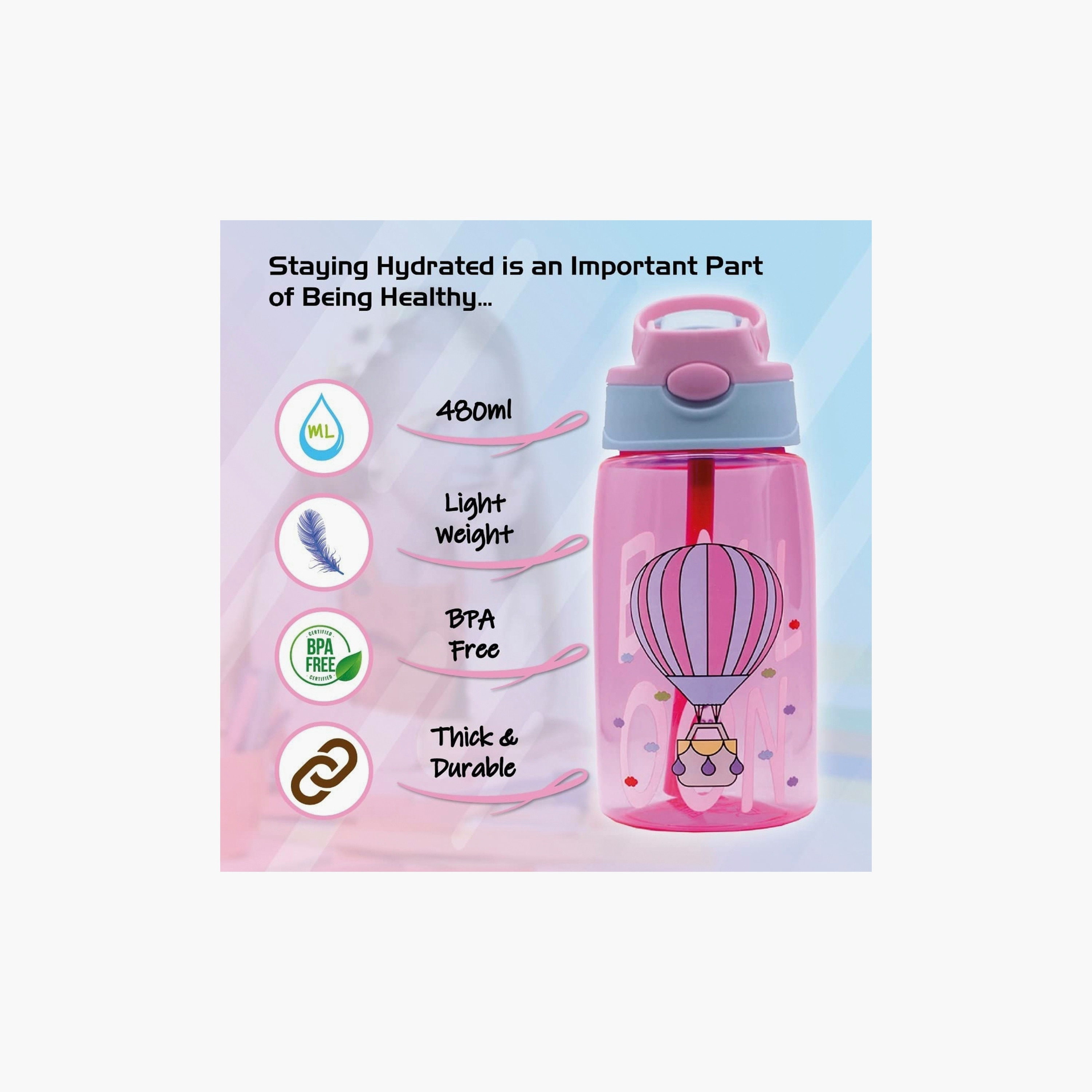 زجاجة مياه خالية مادة BPA مع ماصة من سناك أتاك - بالون - وردي - 480 مل-school-waterbottles-image-3