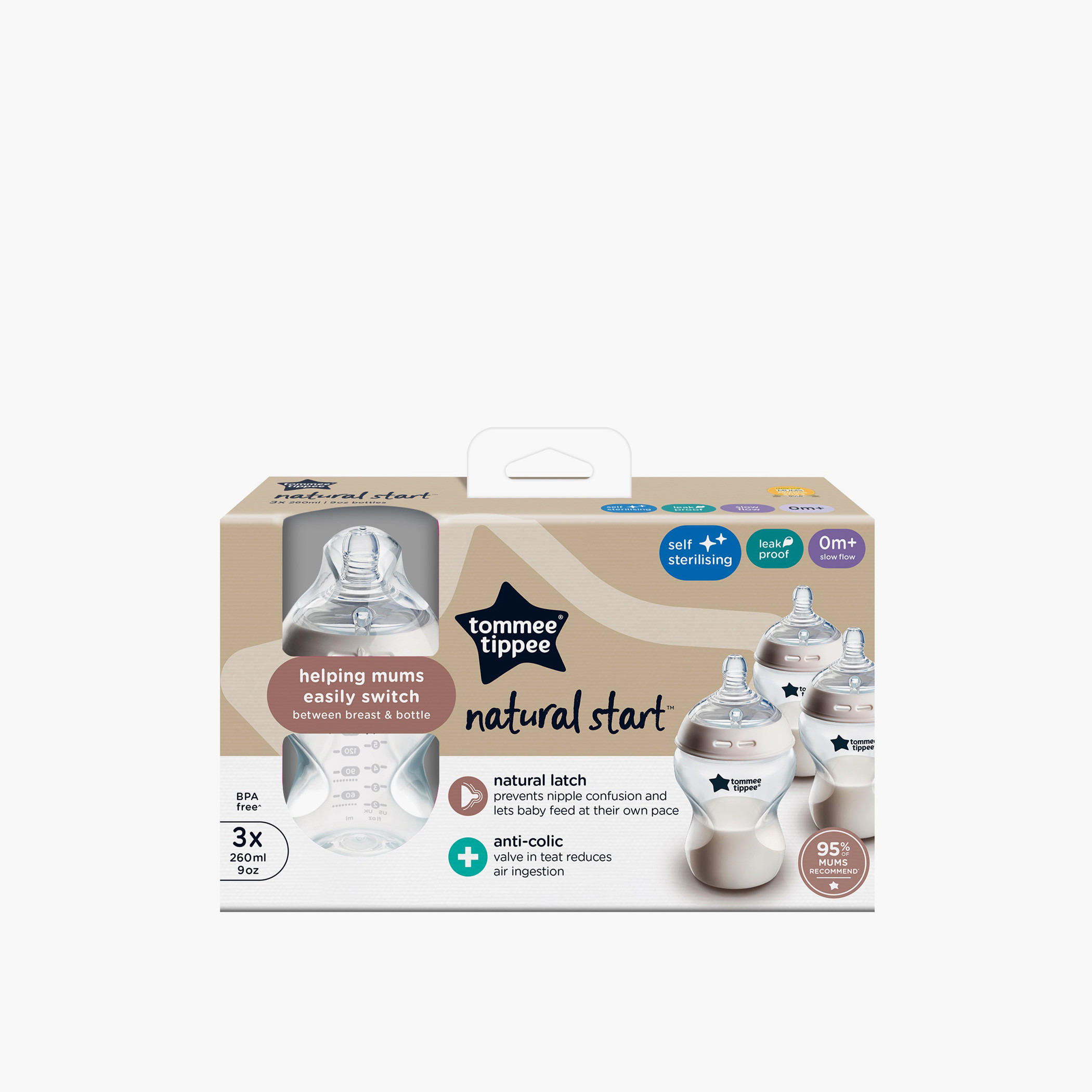طقم رضّاعات بطيئة التدفق ناتشورال ستارت 3 قطع من تومي تيبي - 260 مل-baby-feeding-feedingbottles-bottlesandteats-image-1