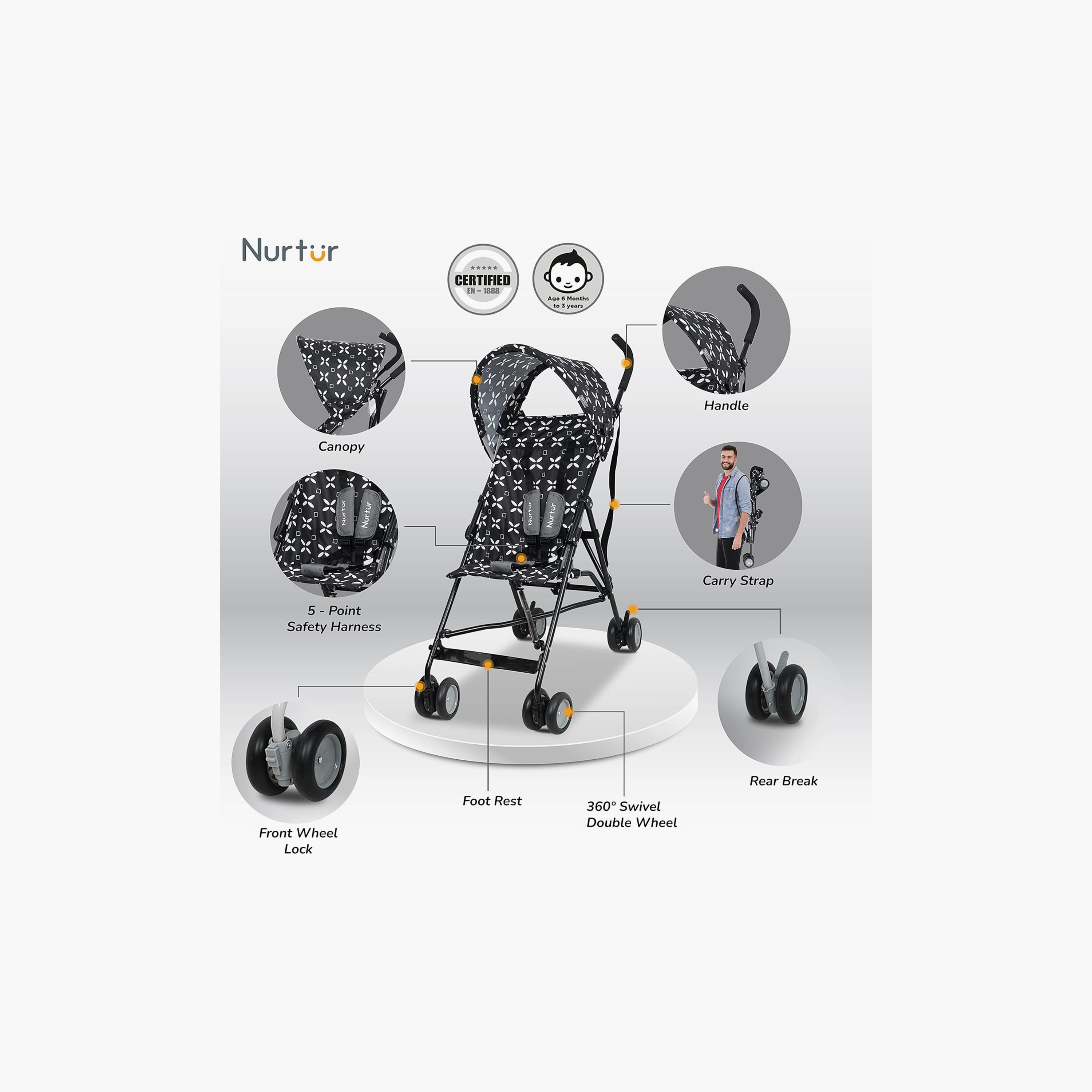 عربة أطفال ريكس باجي خفيفة الوزن مع مظلة قابلة للطي من نورتور - أسود-baby-gear-strollersandprams-buggies-image-2