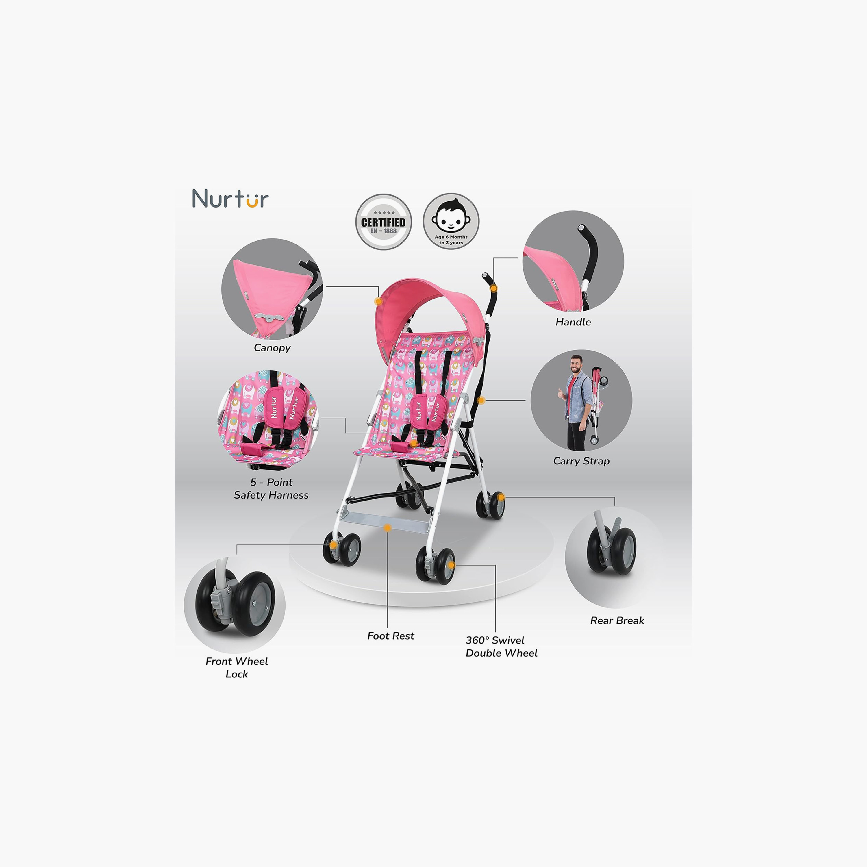 عربة أطفال ريكس باجي خفيفة الوزن مع مظلة قابلة للطي من نورتور - وردي-baby-gear-strollersandprams-buggies-image-2