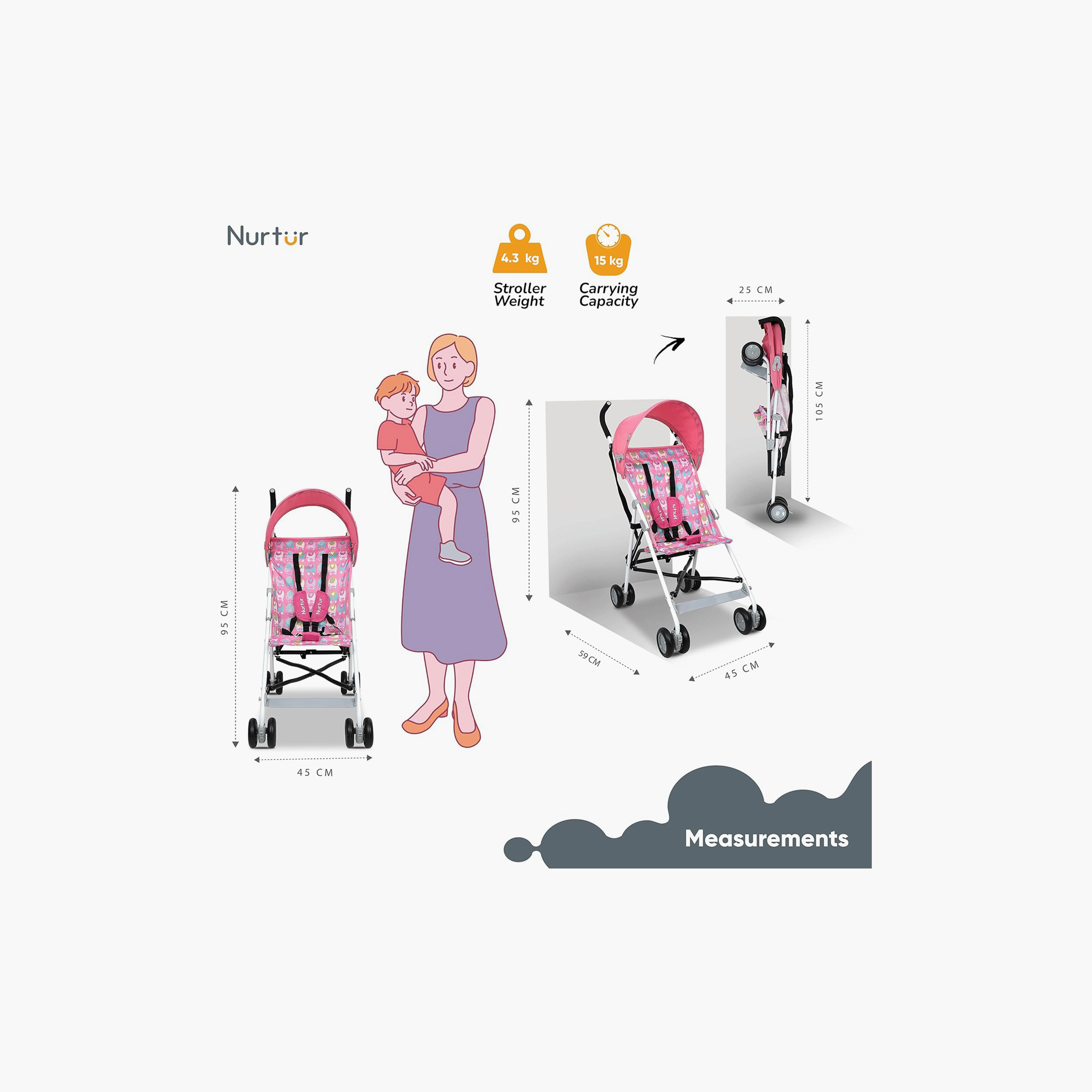 عربة أطفال ريكس باجي خفيفة الوزن مع مظلة قابلة للطي من نورتور - وردي-baby-gear-strollersandprams-buggies-image-4