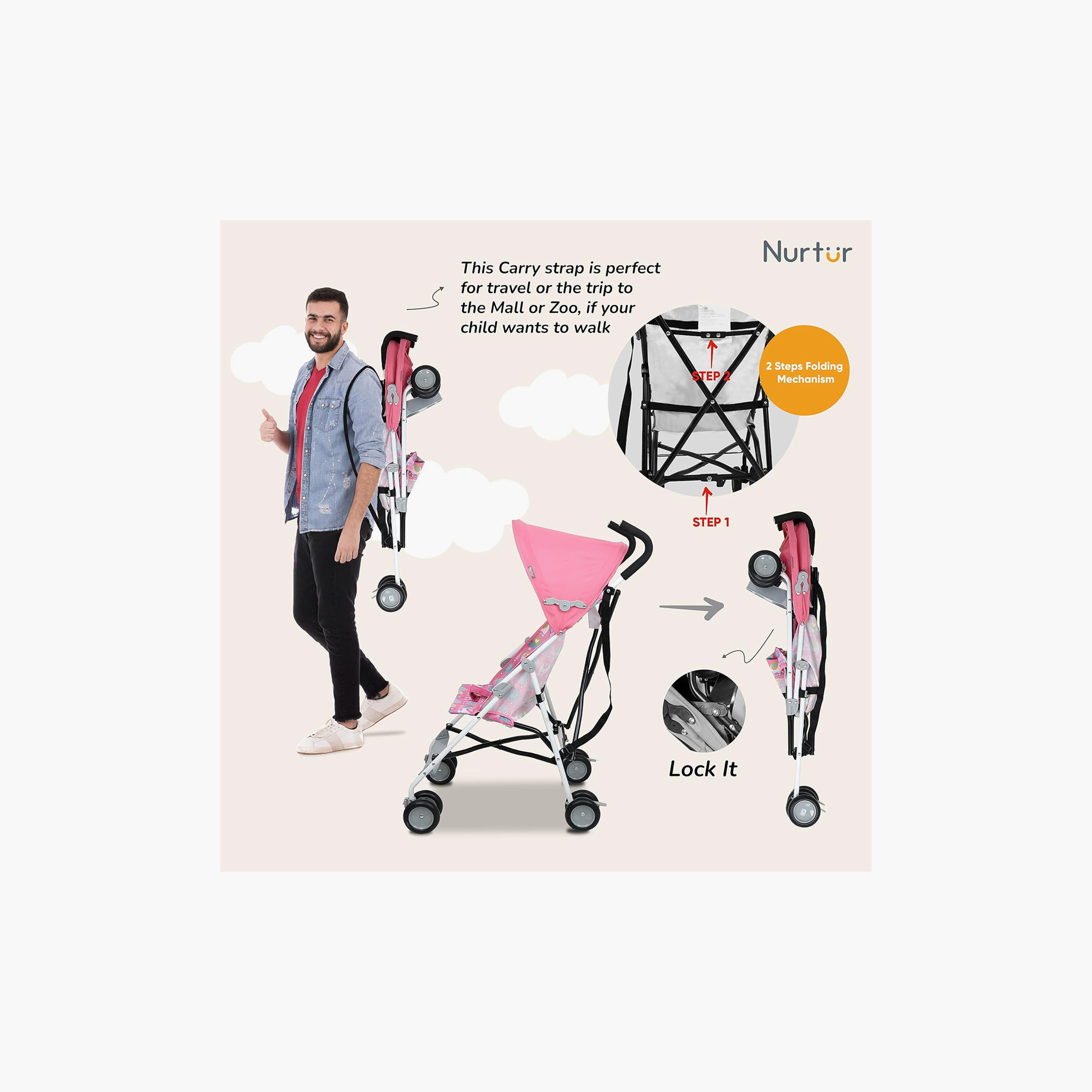 عربة أطفال ريكس باجي خفيفة الوزن مع مظلة قابلة للطي من نورتور - وردي-baby-gear-strollersandprams-buggies-image-5