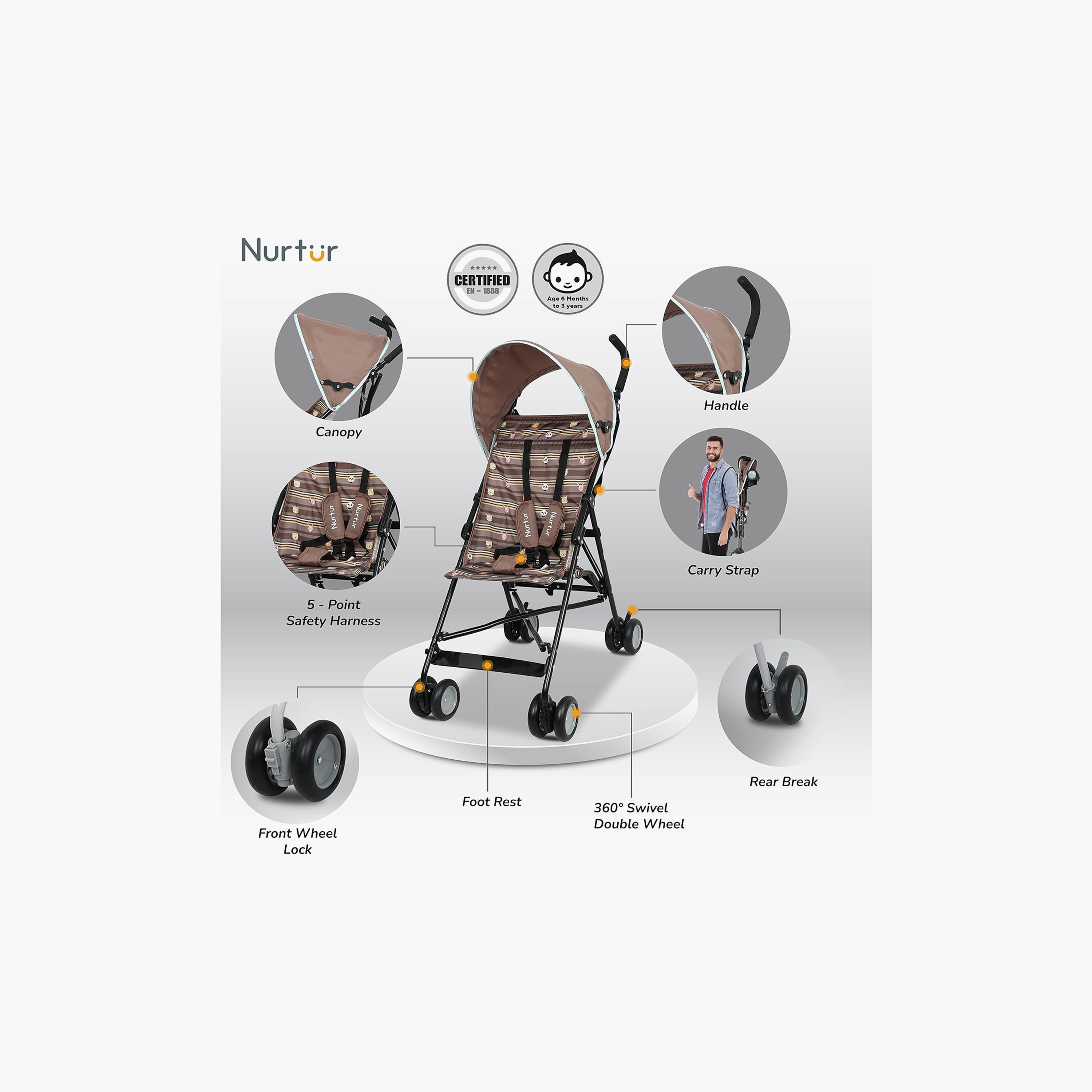 عربة أطفال ريكس باجي خفيفة الوزن مع مظلة قابلة للطي من نورتور - بني-baby-gear-strollersandprams-buggies-image-2