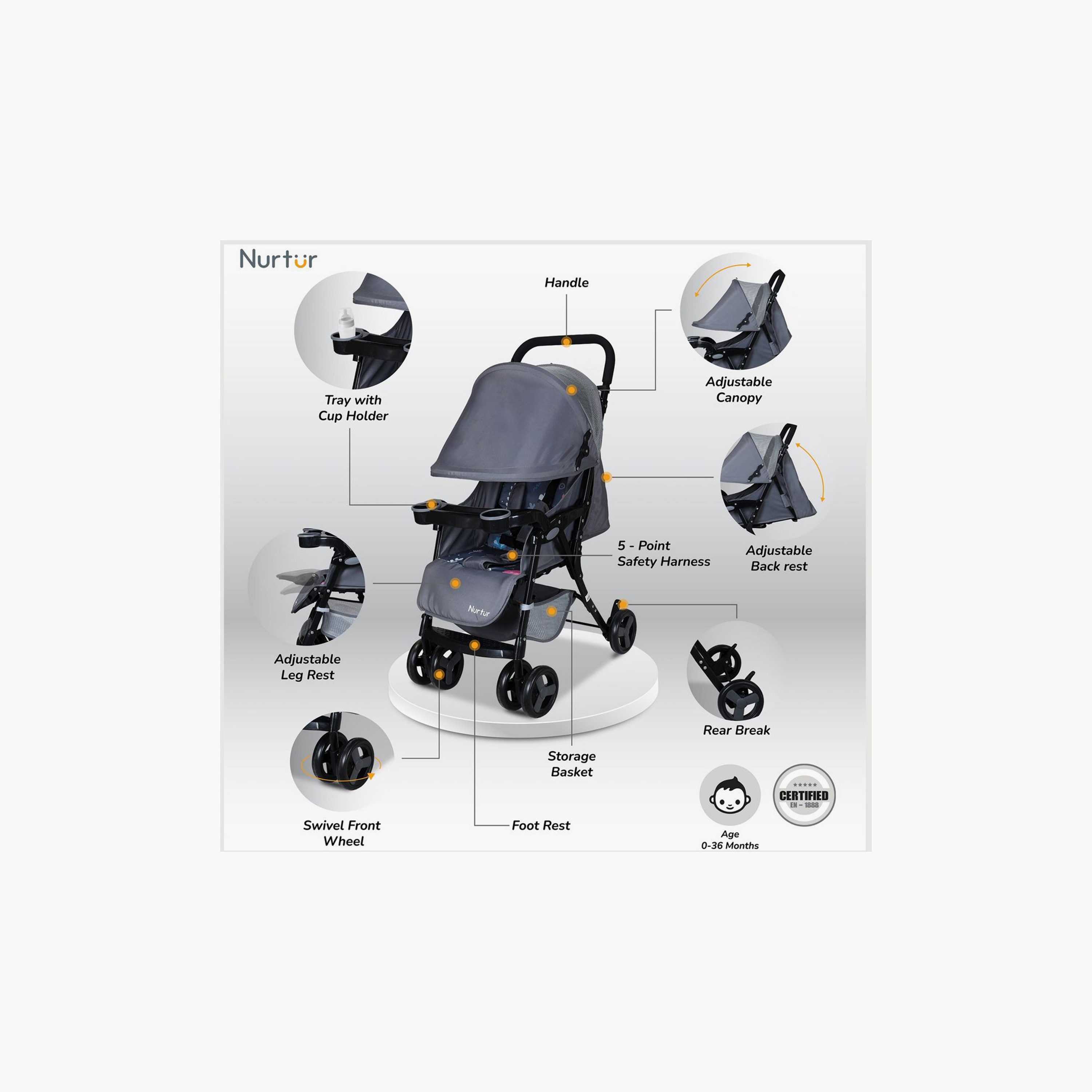 Nurtur Ryder Ultra Compact Lightweight Baby Travel Stroller with Storage Basket - Grey-baby-gear-strollersandprams-strollers-image-2