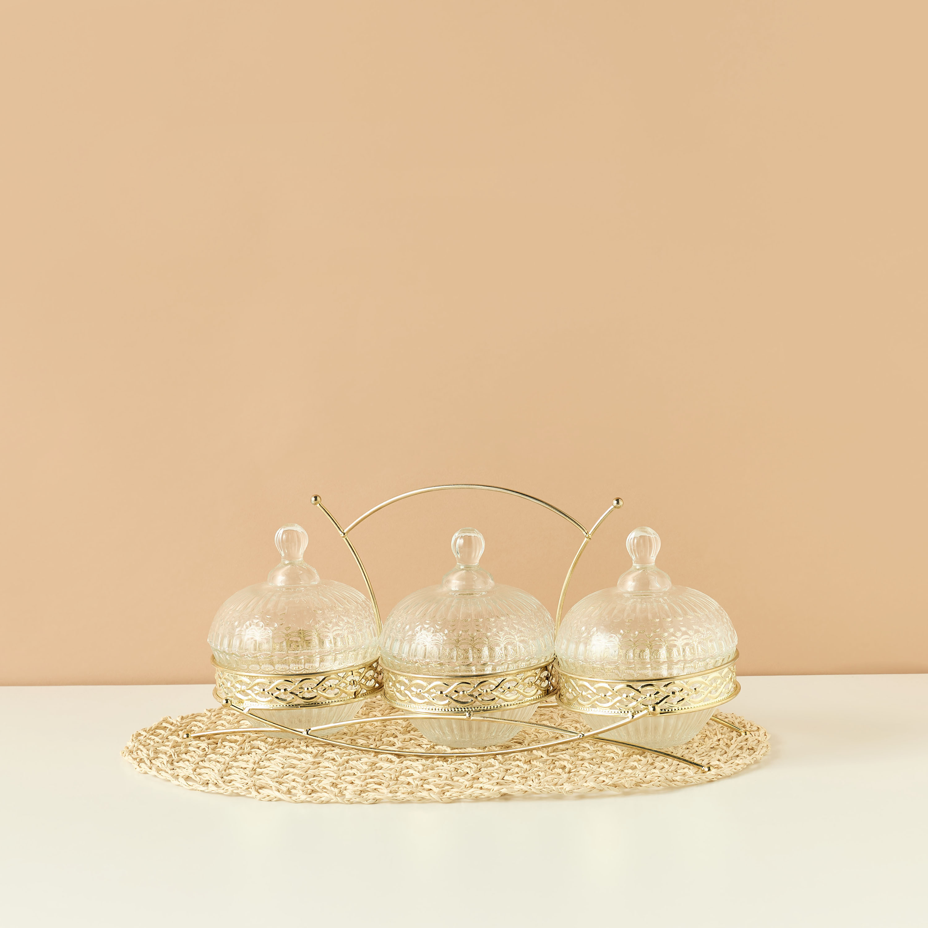 Textured 4-Piece Glass Jar and Stand Set-household-dining-dinnerware-bowls-image-1