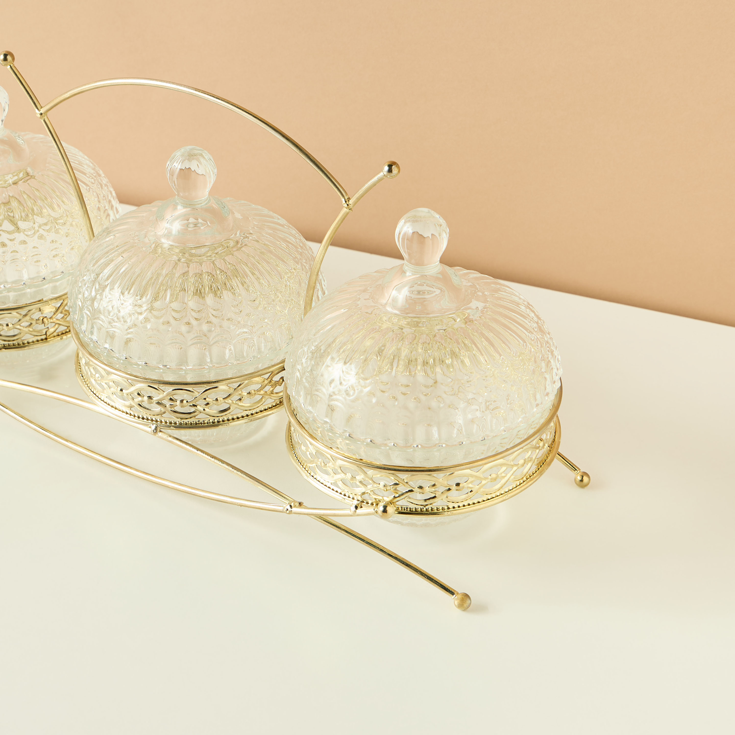 Textured 4-Piece Glass Jar and Stand Set-household-dining-dinnerware-bowls-image-3