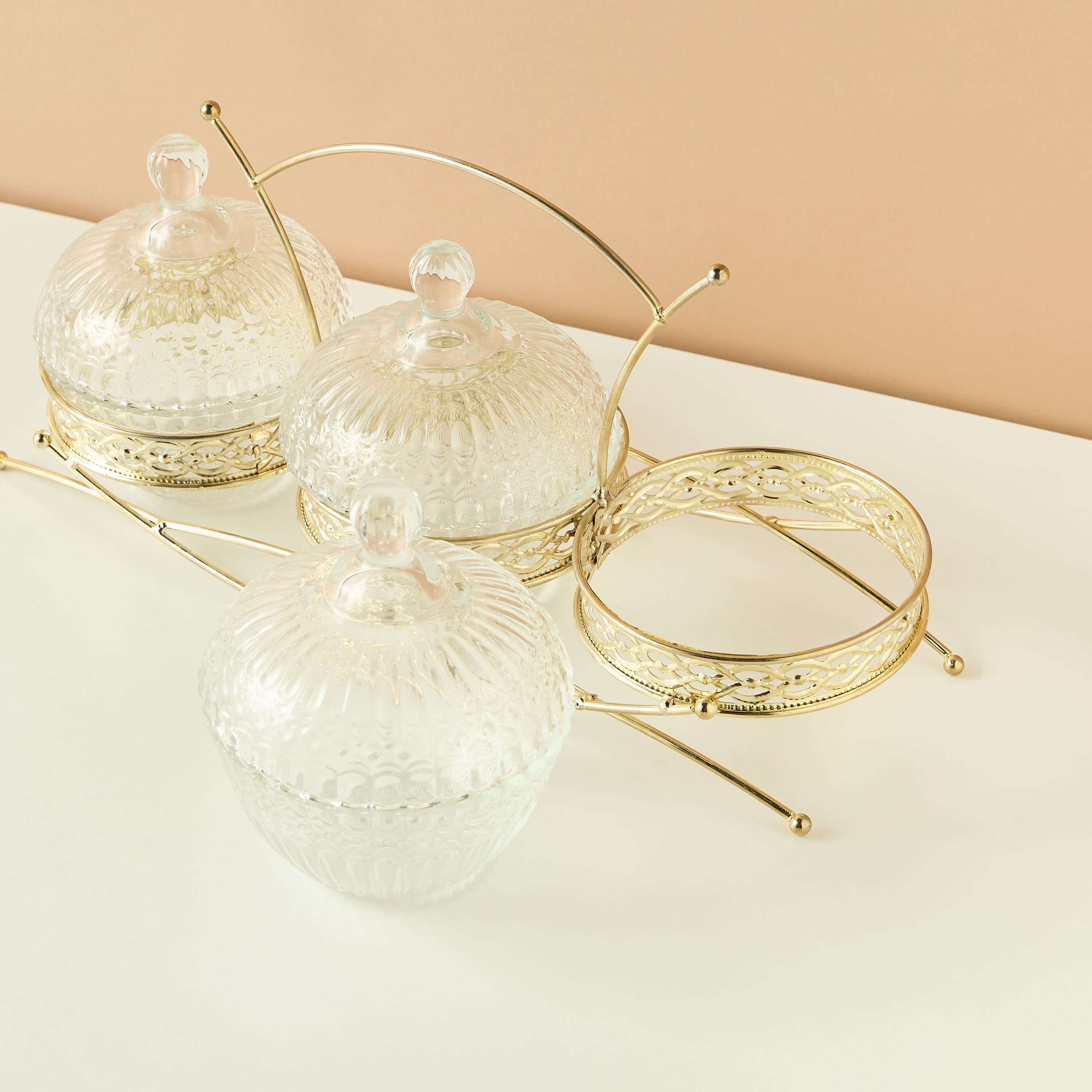 Textured 4-Piece Glass Jar and Stand Set-household-dining-dinnerware-bowls-image-4