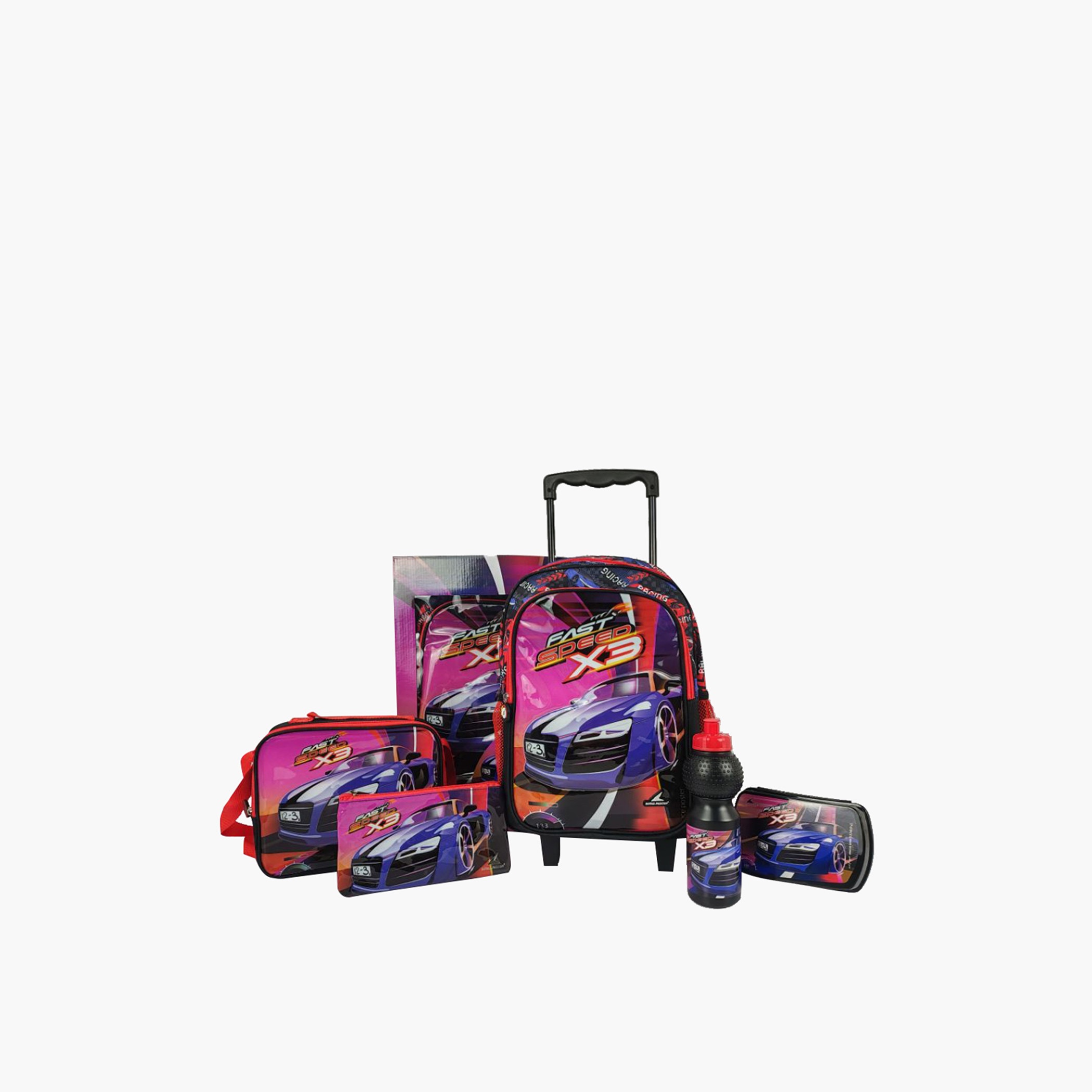 طقم شنطة ظهر ترولي 16 بوصة بطبعات سيارة 5 قطع من رويال فالكون - 28x10x40 سم-school-bagsandbackpacks-trolleybags-image-1