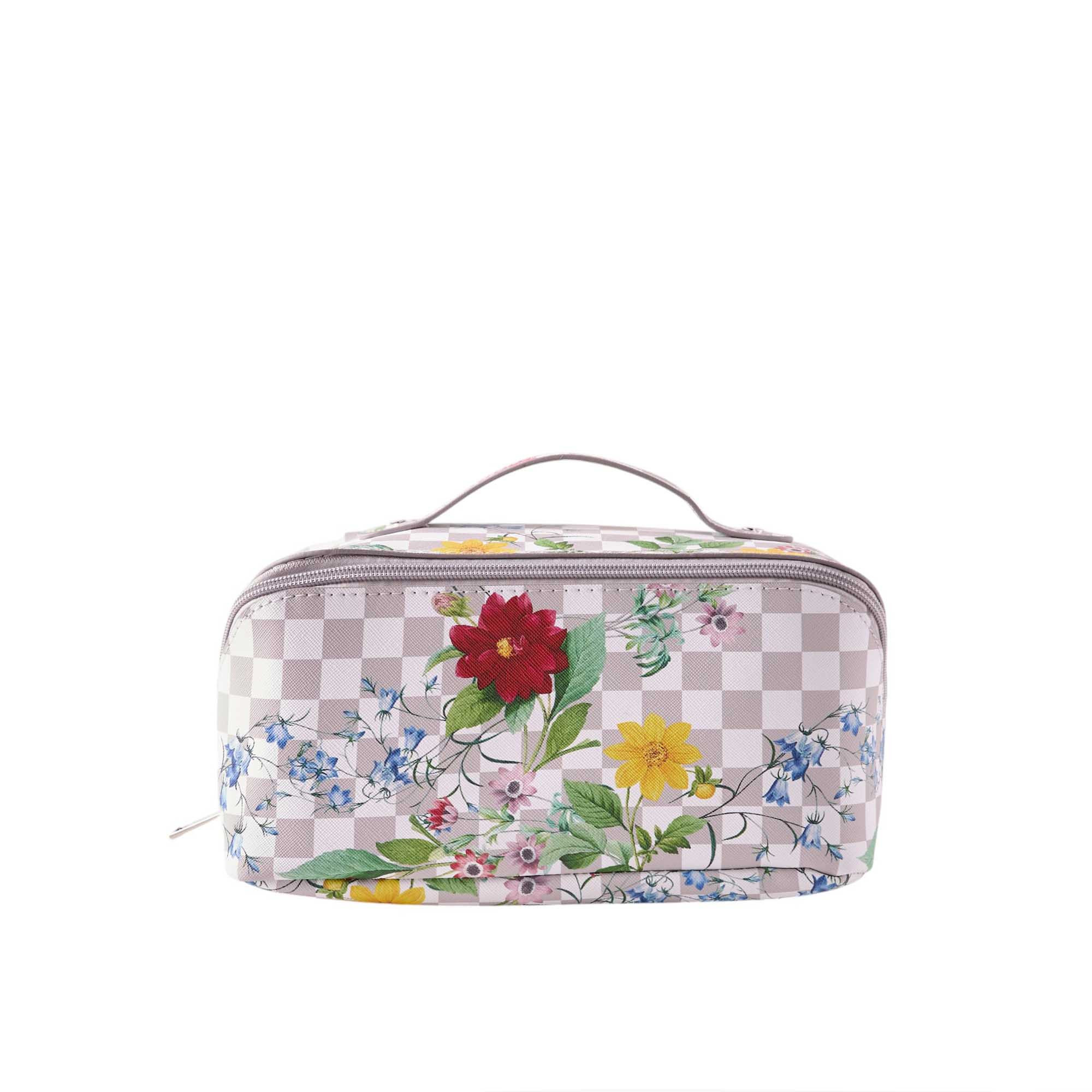 Floral Grid Print Cosmetic Bag with Zip Closure - 22x17x17 cms-beautyandpersonalcare-makeup-brushesandaccessories-makeuppouches-image-1