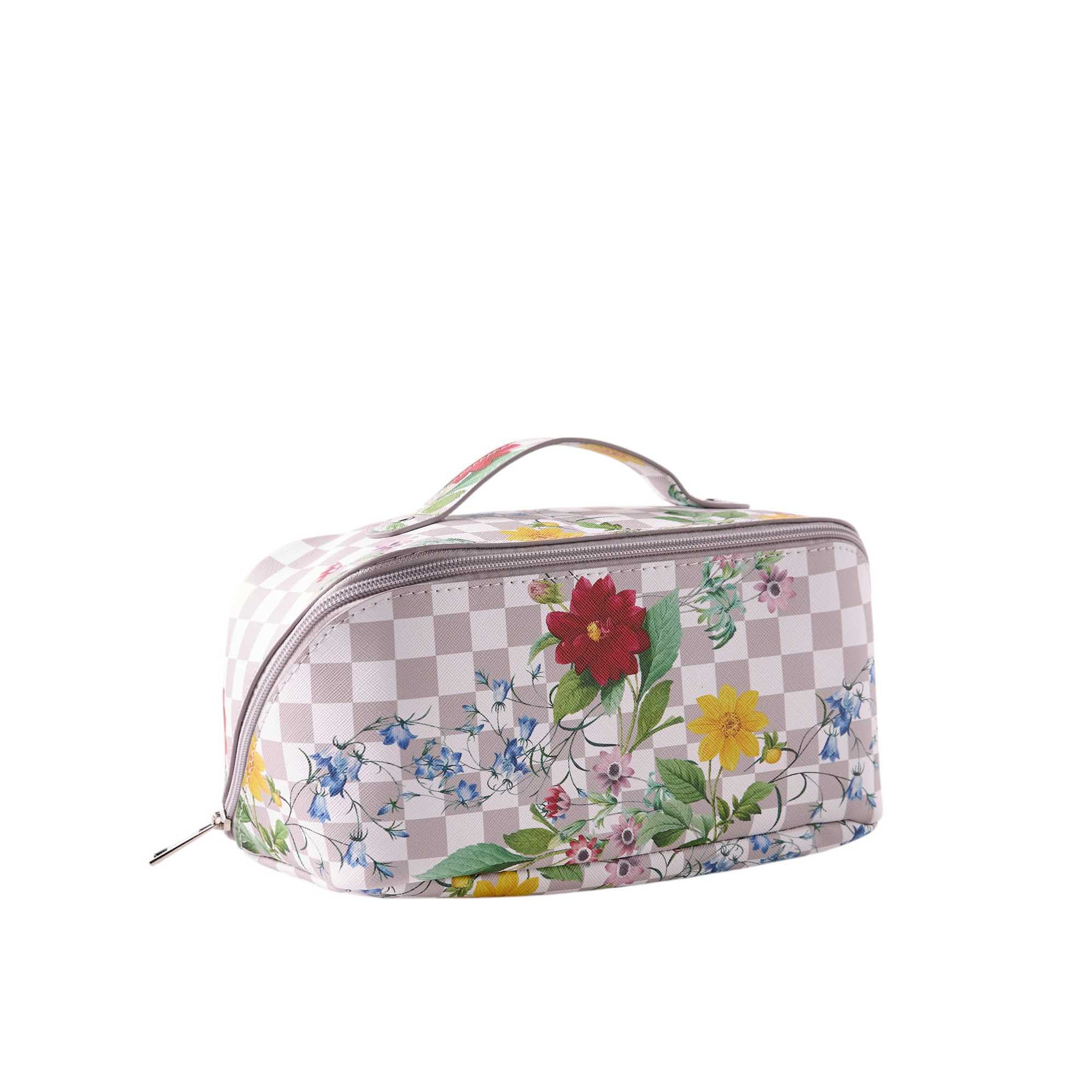 Floral Grid Print Cosmetic Bag with Zip Closure - 22x17x17 cms-beautyandpersonalcare-makeup-brushesandaccessories-makeuppouches-image-2