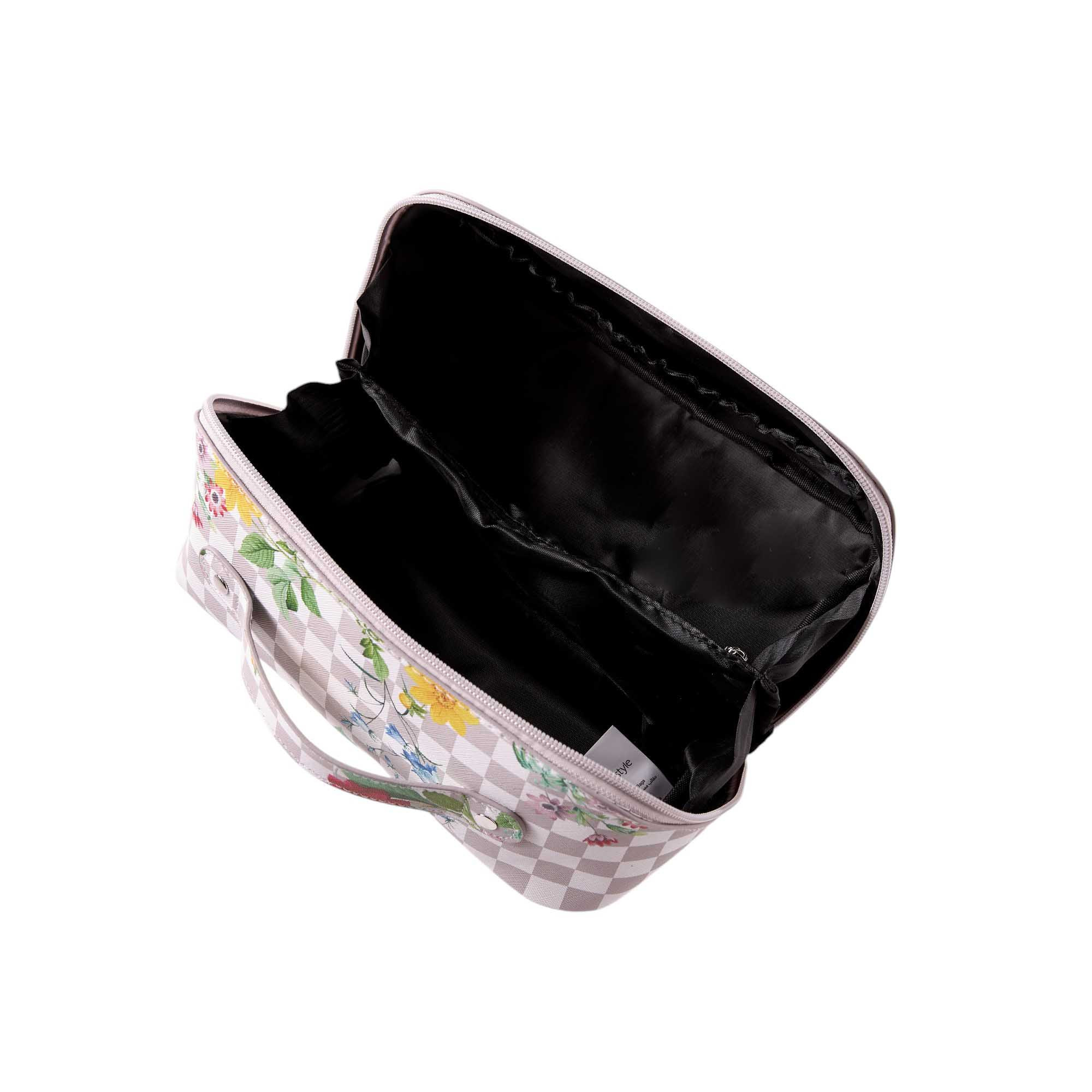 Floral Grid Print Cosmetic Bag with Zip Closure - 22x17x17 cms-beautyandpersonalcare-makeup-brushesandaccessories-makeuppouches-image-4