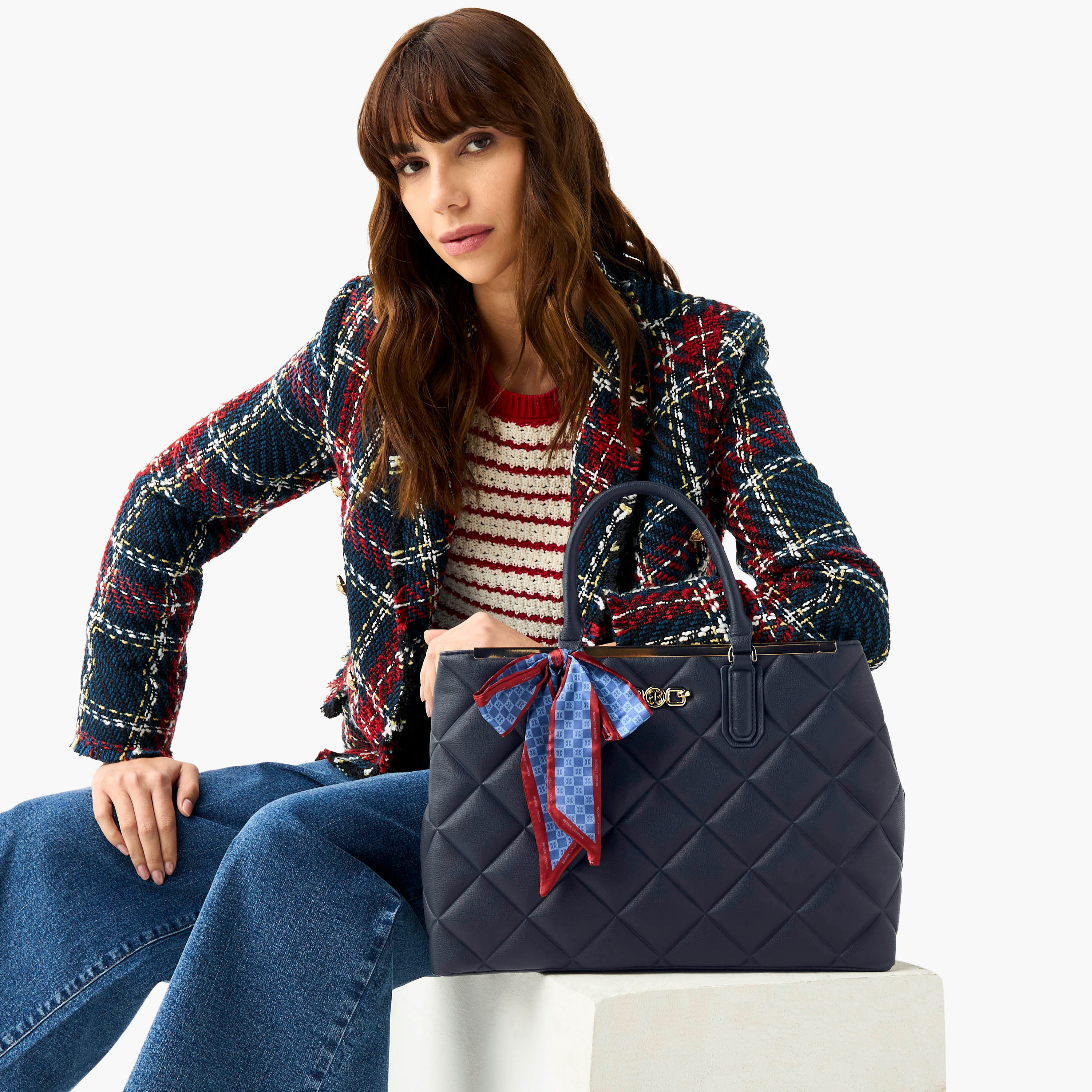 Bessie London Quilted Tote Bag with Double Handle and Scarf Detail-women-bagsandwallets-handbags-image-2