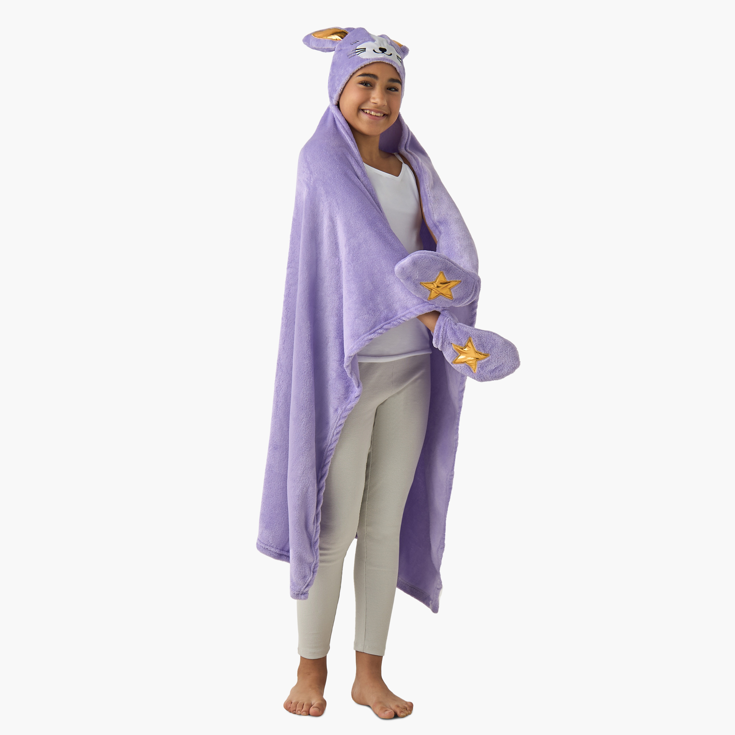 Bunny Ear Applique Hooded Blanket with Hand Pockets - 102x127 cms-girls-clothing-nightwear-image-2