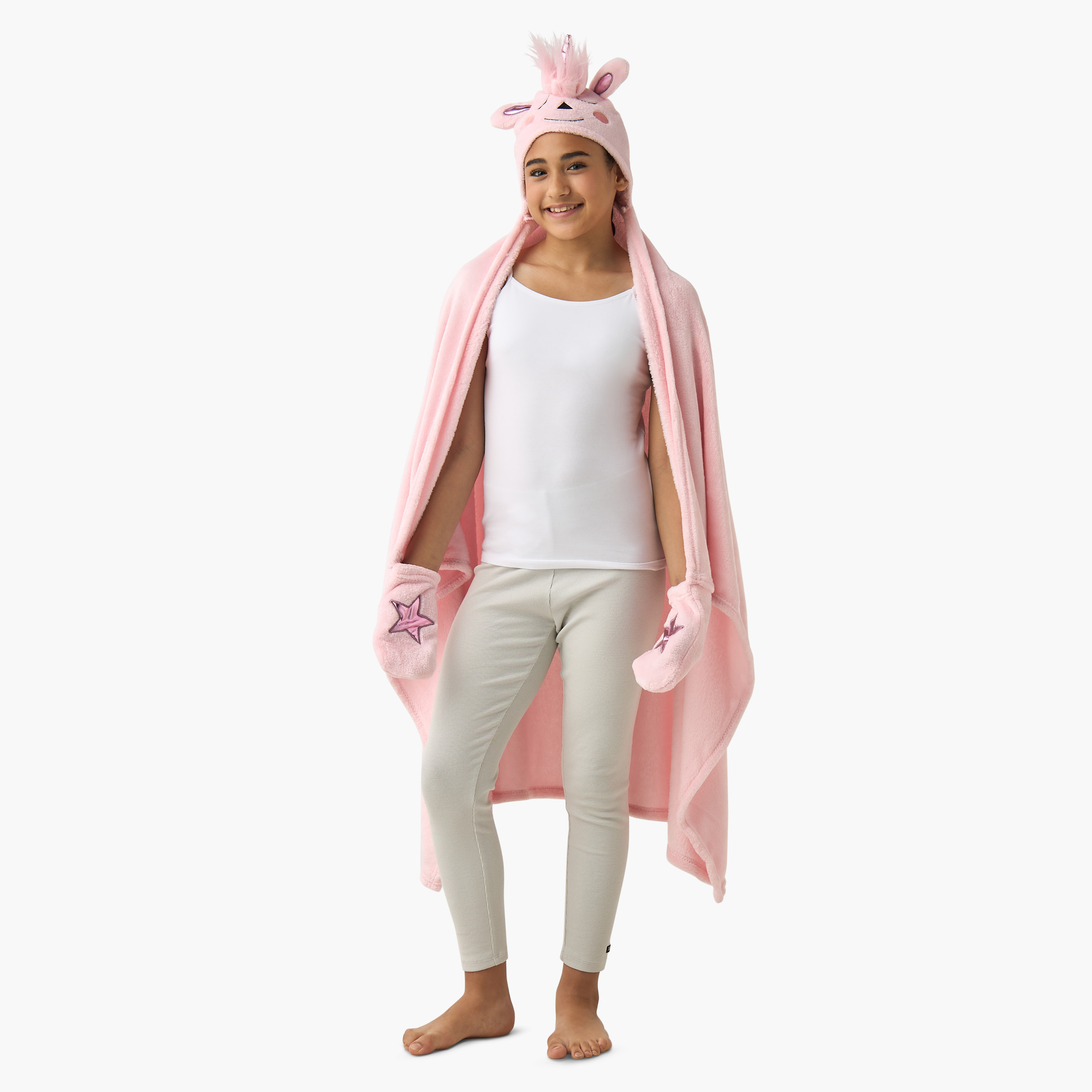 Unicorn Horn Applique Hooded Blanket with Hand Pockets - 102x127 cms-girls-clothing-nightwear-image-2