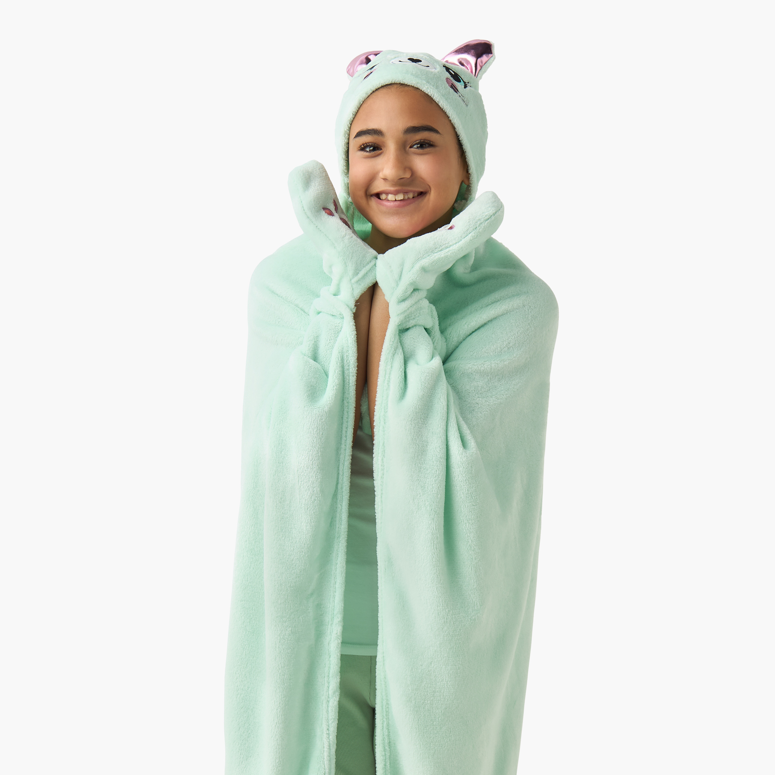 Kitty Ear Applique Hooded Blanket with Hand Pockets - 102x127 cms-girls-clothing-nightwear-image-1