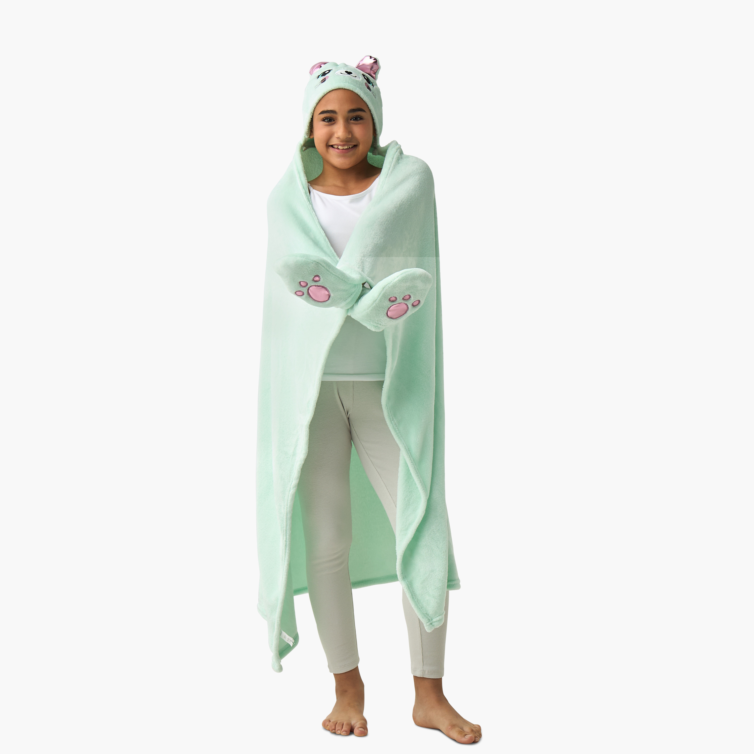 Kitty Ear Applique Hooded Blanket with Hand Pockets - 102x127 cms-girls-clothing-nightwear-image-2