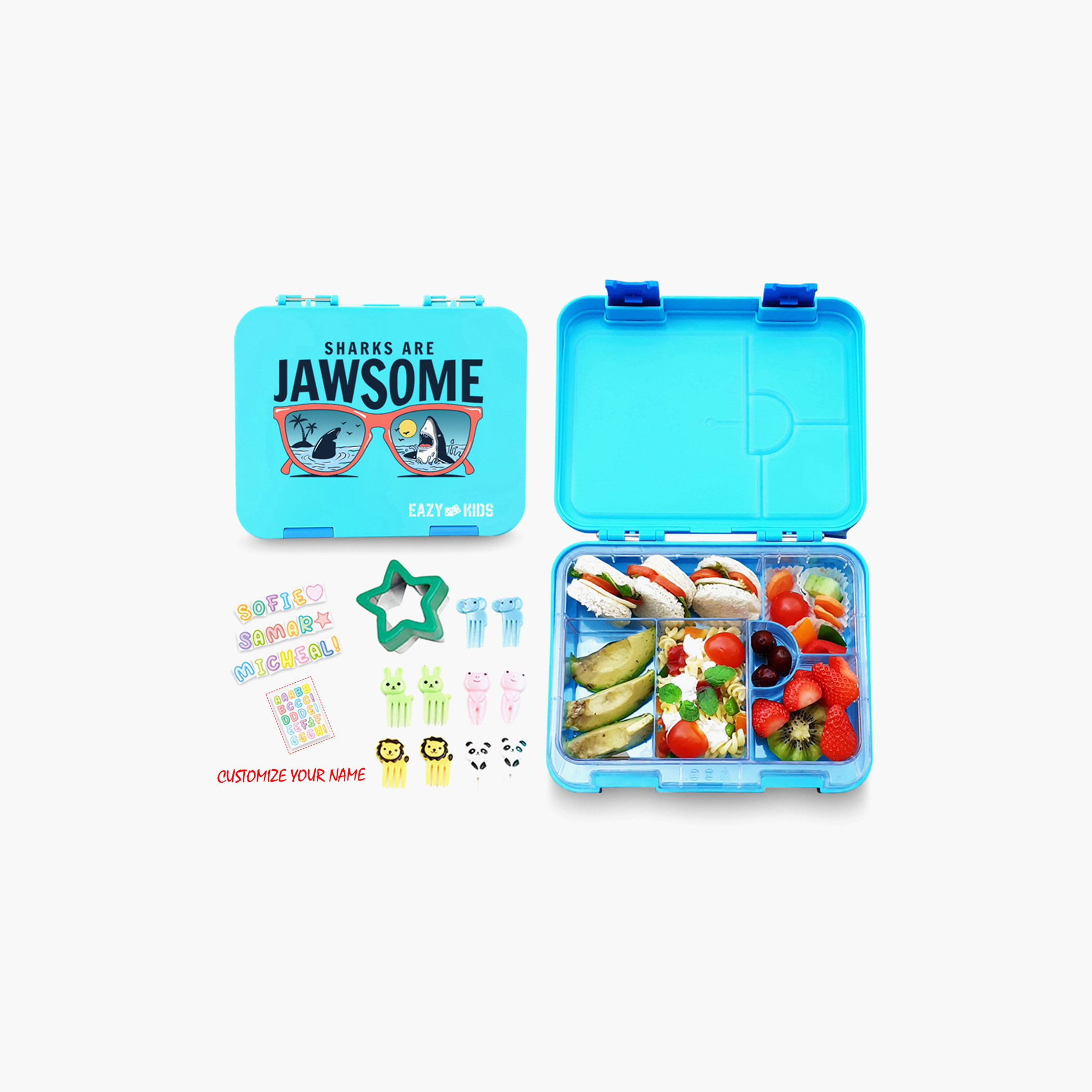Eazy Kids Jawsome Print 6 and 4 Convertible Bento Lunch Box with Sandwich Cutter and Fruit Pick-school-lunchessentials-lunchboxes-image-1
