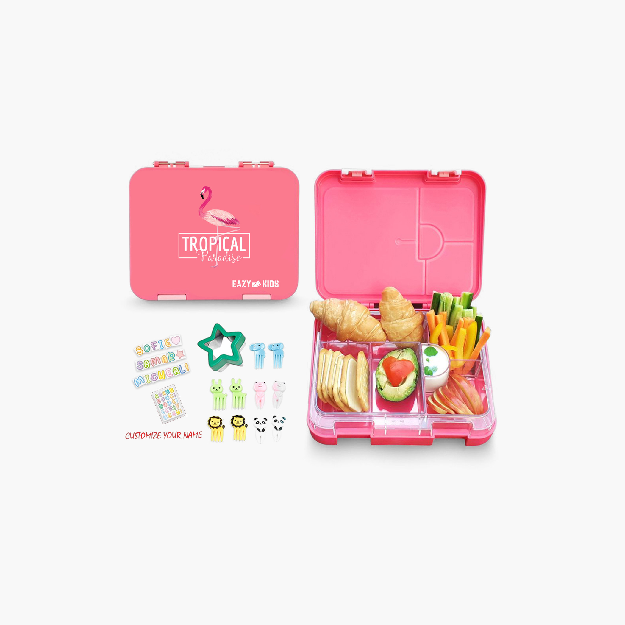 Eazy Kids Flamingo Print 6 and 4 Convertible Bento Lunch Box with Sandwich Cutter and Fruit Pick-school-lunchessentials-lunchboxes-image-1