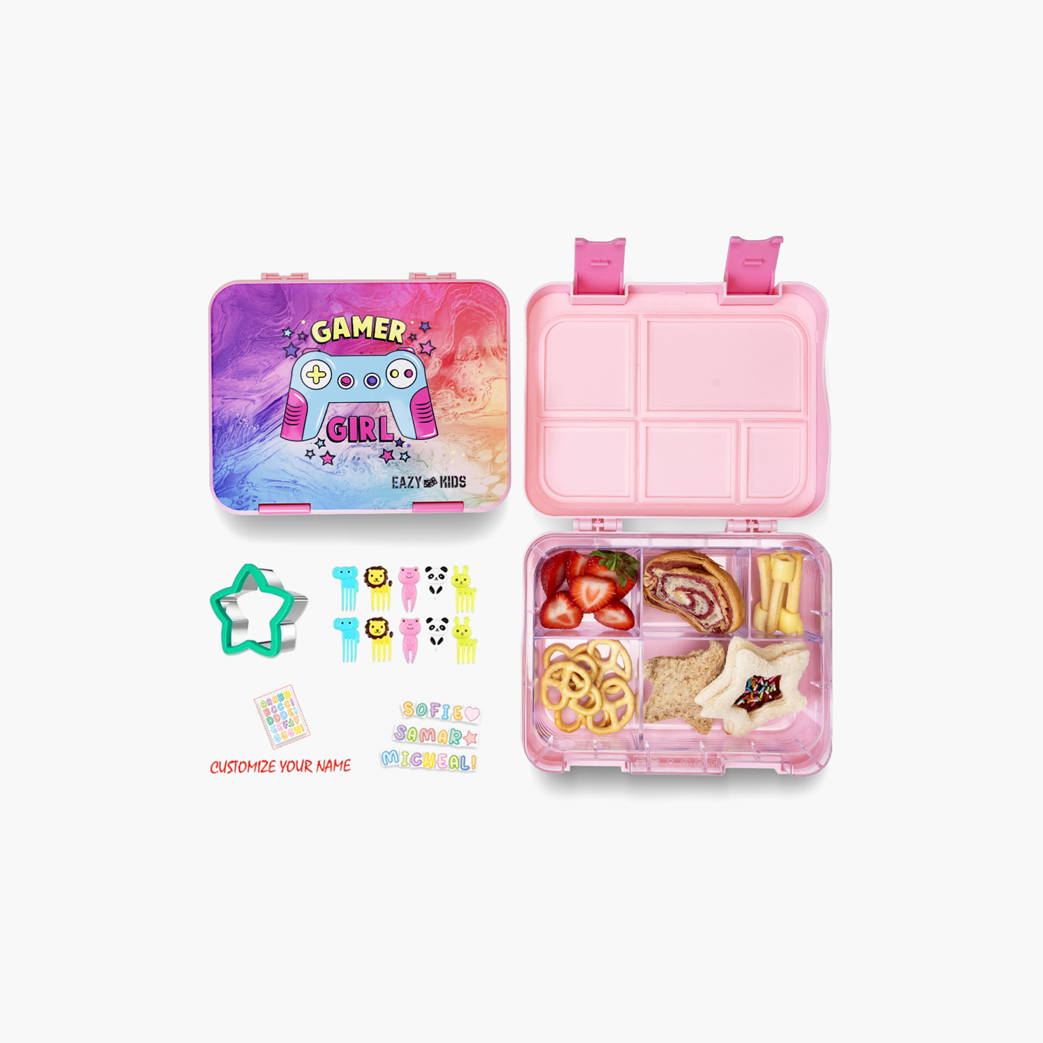 Eazy Kids Gamer Girl Print 5 and 4 Convertible Bento Lunch Box with Sandwich Cutter and Fruit Pick-school-lunchessentials-lunchboxes-image-1