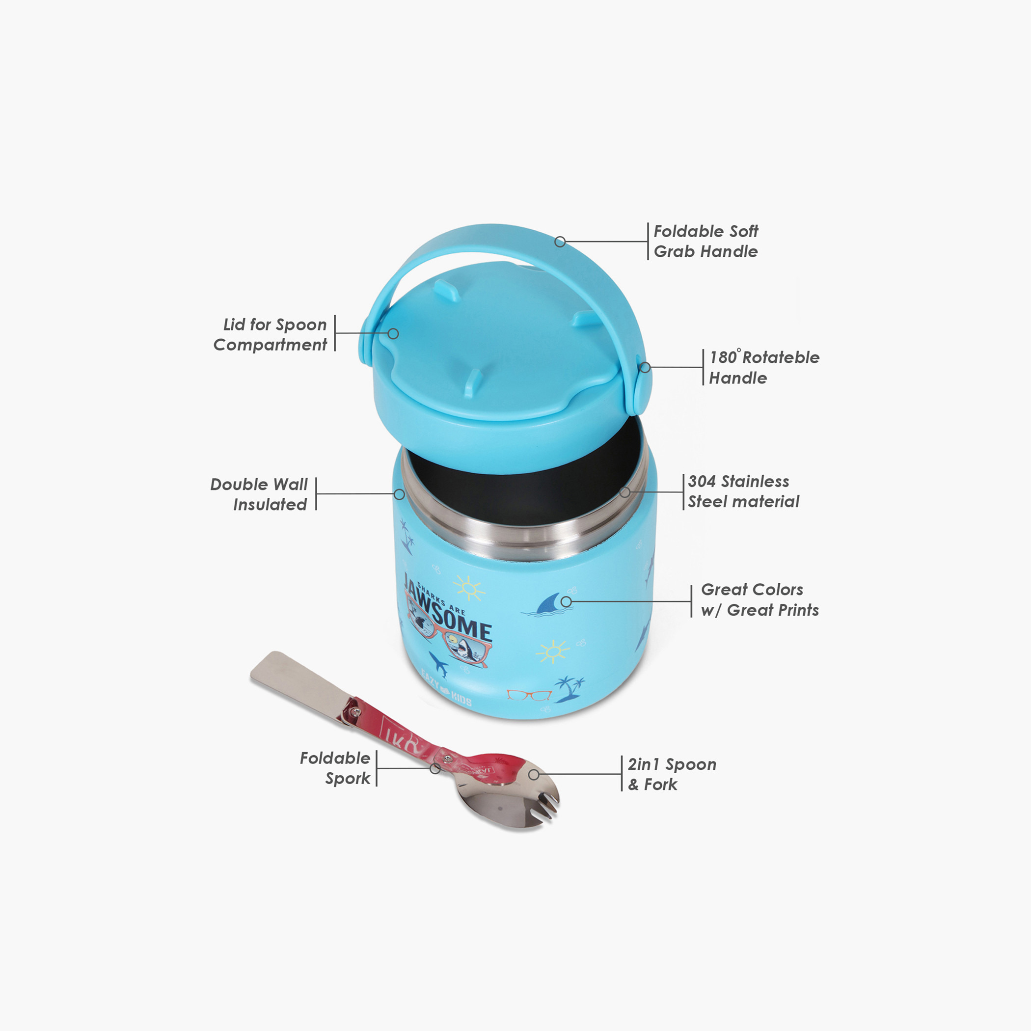 Eazy Kids Jawsome Shark Print Stainless Steel Insulated Food Jar - 350 ml-school-lunchessentials-lunchboxes-image-4
