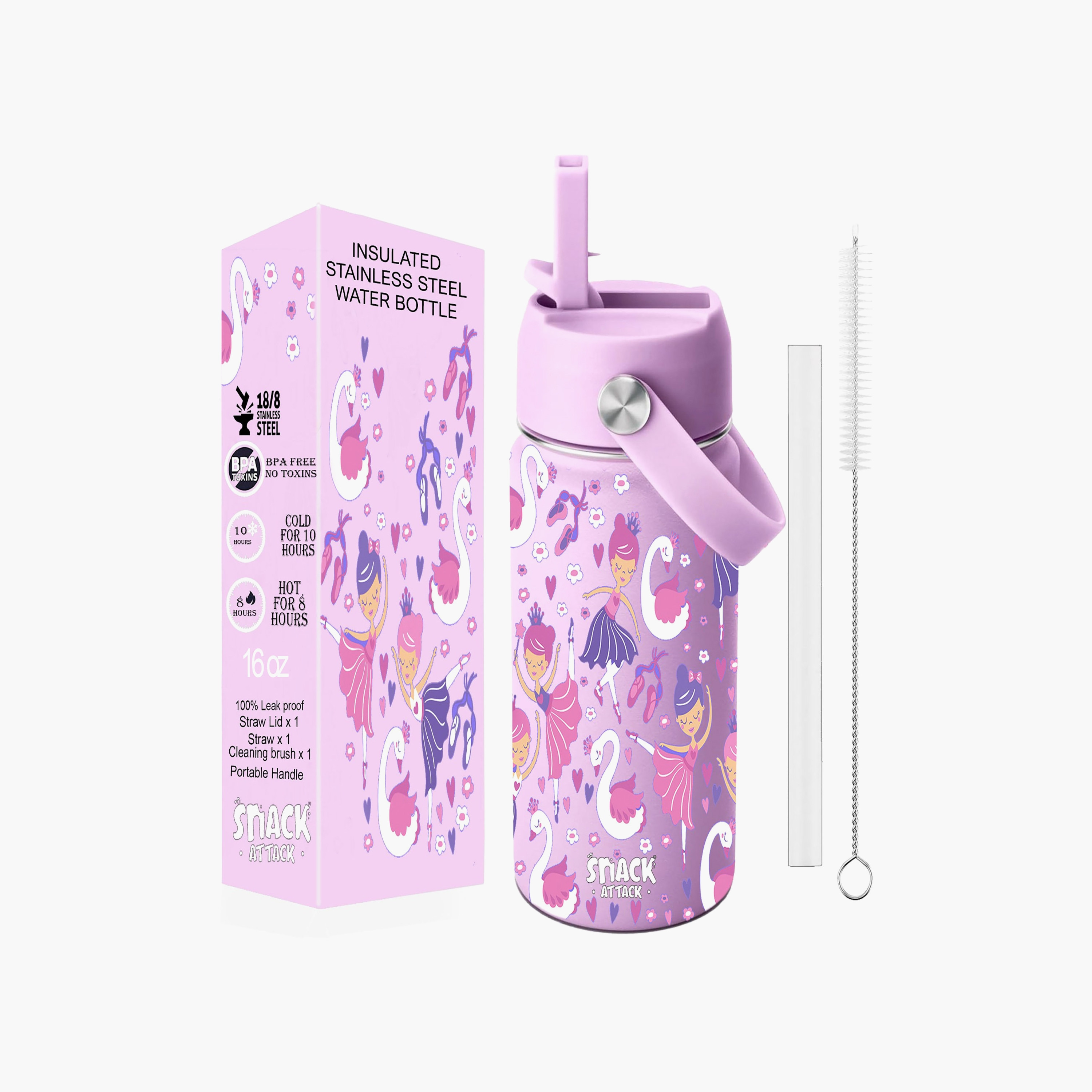 Snack Attack Insulated Water Bottle with Straw, Lid & Cleaning Brush - Ballerina - Purple - 500 ml-school-waterbottles-image-1