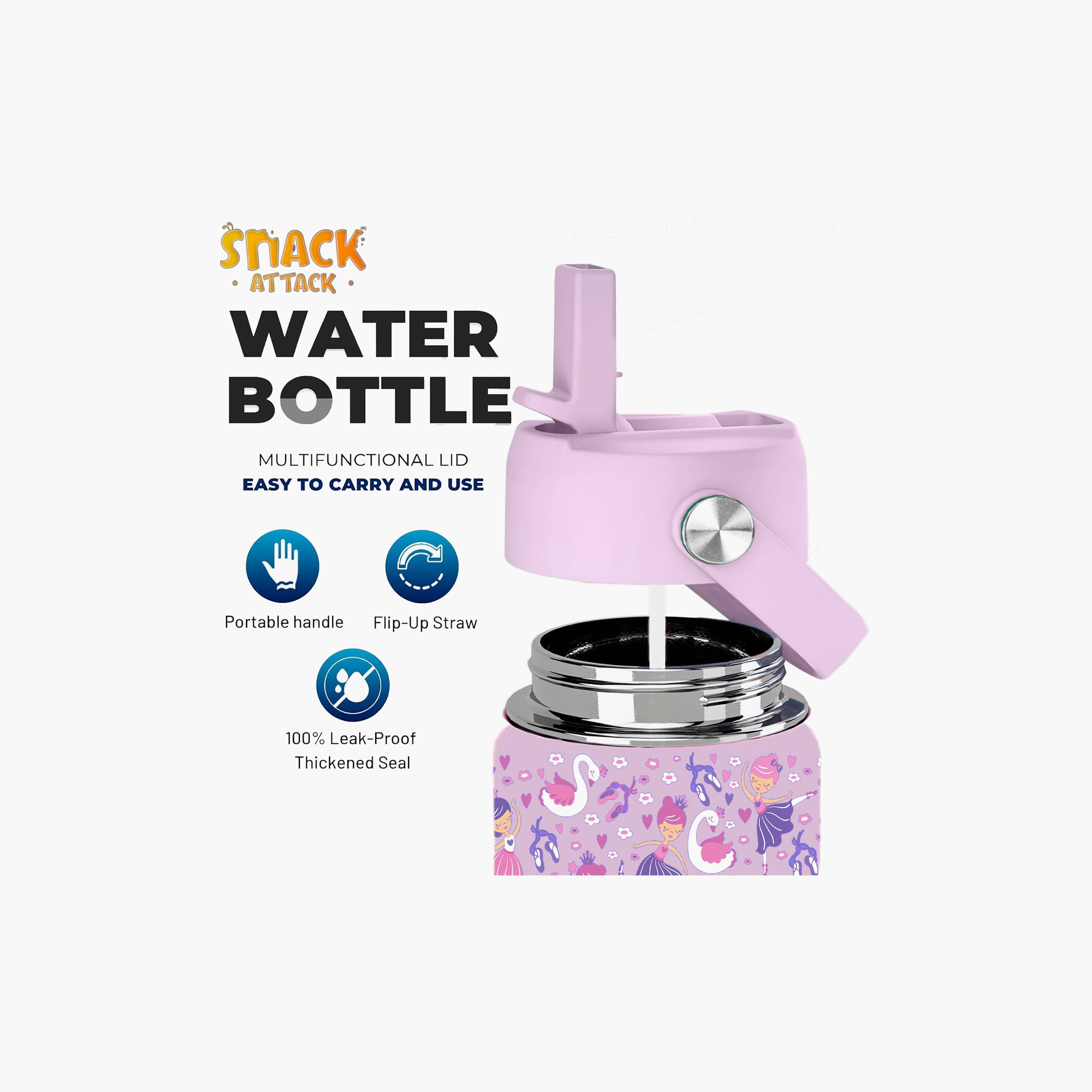 Snack Attack Insulated Water Bottle with Straw, Lid & Cleaning Brush - Ballerina - Purple - 500 ml-school-waterbottles-image-4