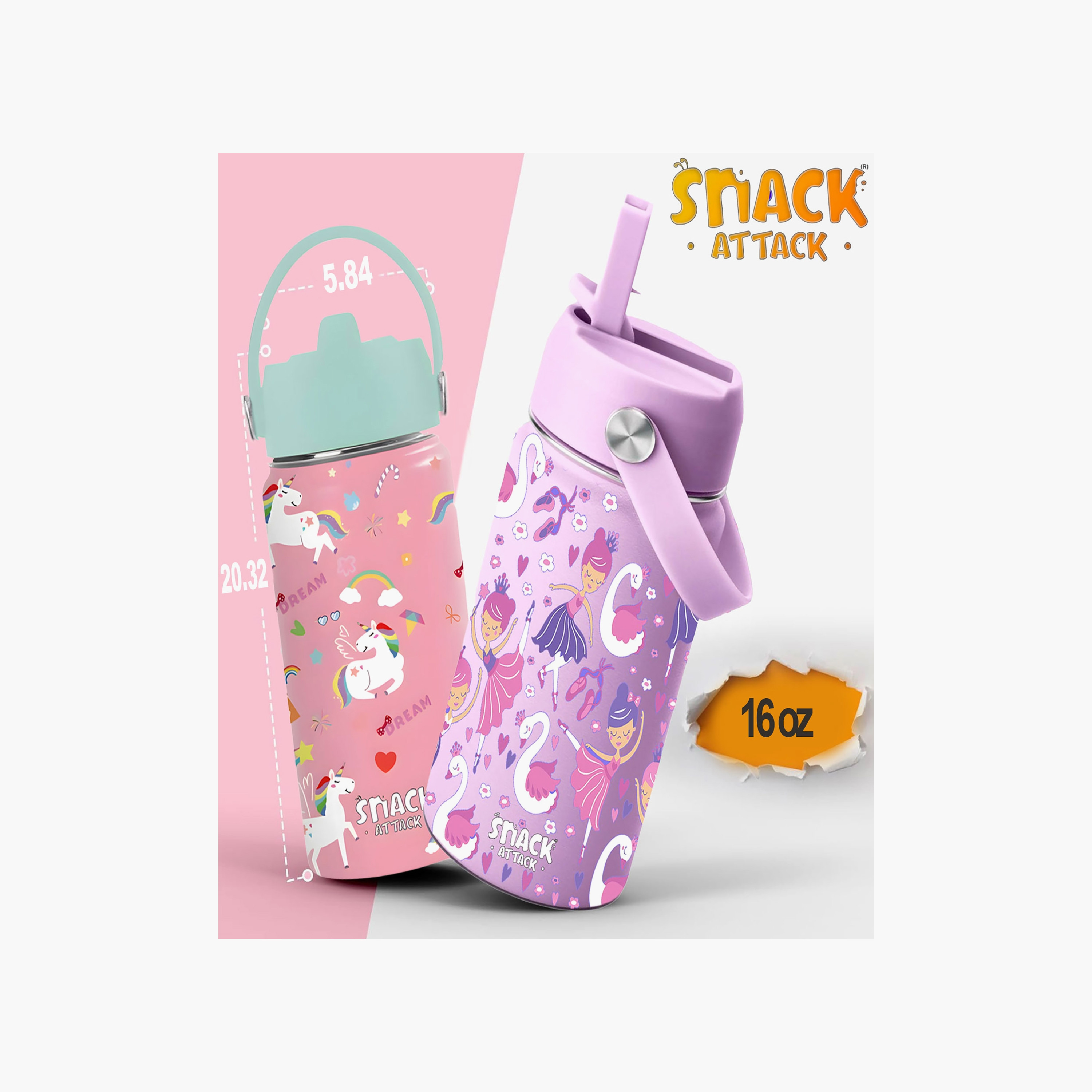 Snack Attack Insulated Water Bottle with Straw, Lid & Cleaning Brush - Ballerina - Purple - 500 ml-school-waterbottles-image-5