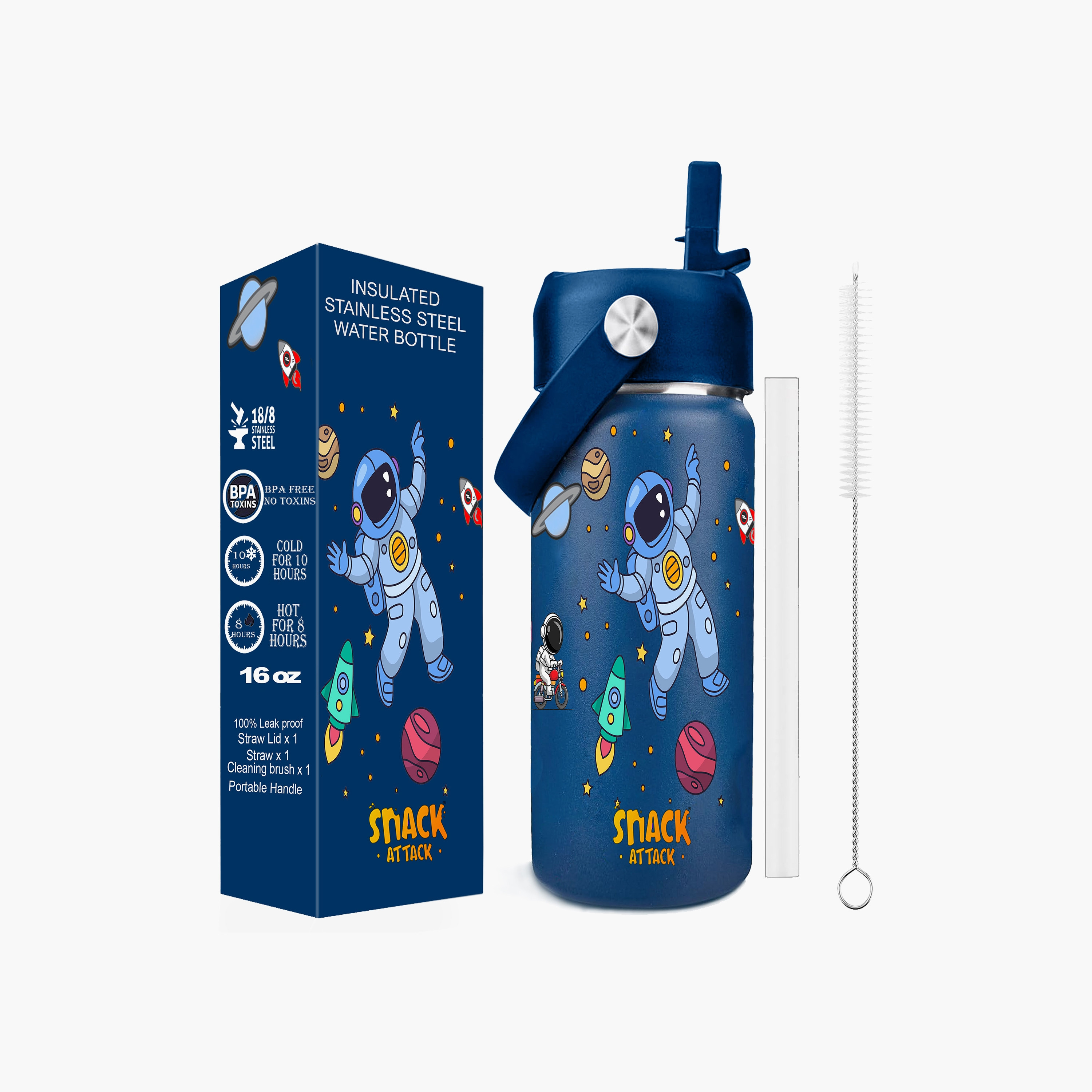 Snack Attack Insulated Water Bottle with Straw, Lid & Cleaning Brush - Astro - Blue - 500 ml-school-waterbottles-image-1