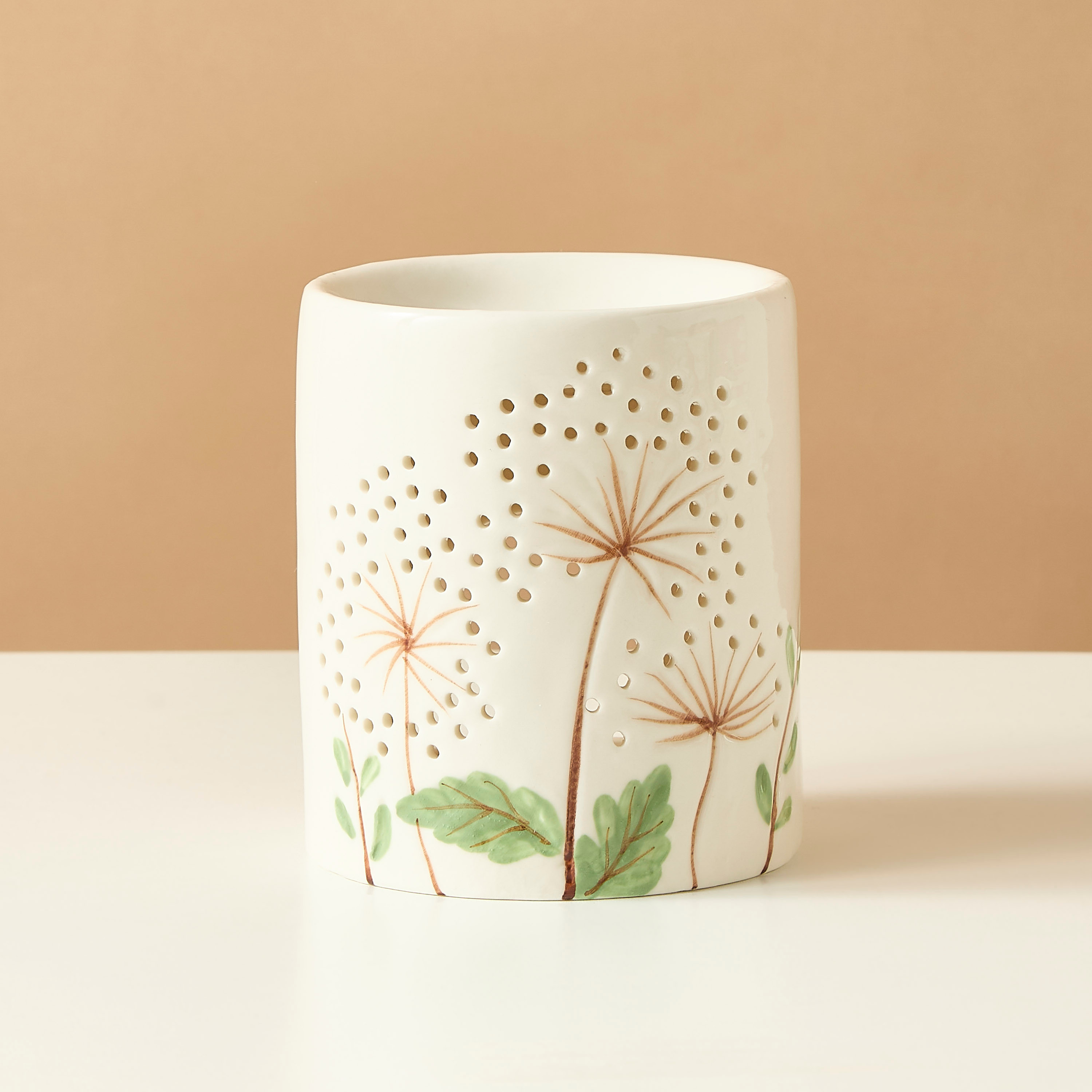 مبخرة زيت سيراميك أسطوانية بطبعات زهرية - 10x9x11 سم-household-homefragrance-burners-image-2