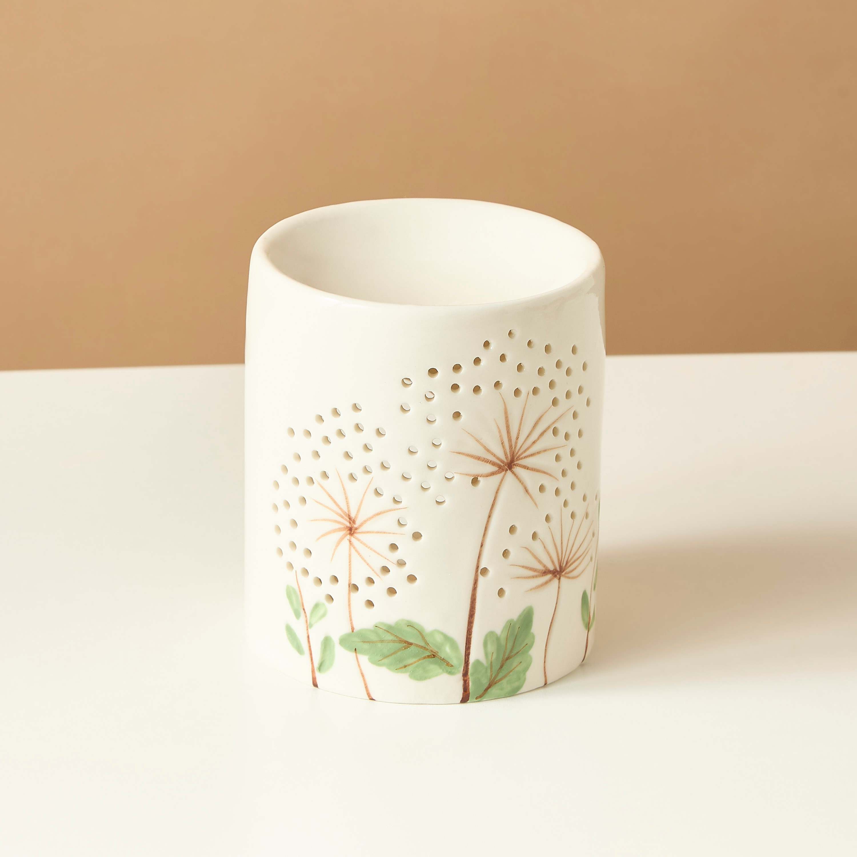 مبخرة زيت سيراميك أسطوانية بطبعات زهرية - 10x9x11 سم-household-homefragrance-burners-image-3