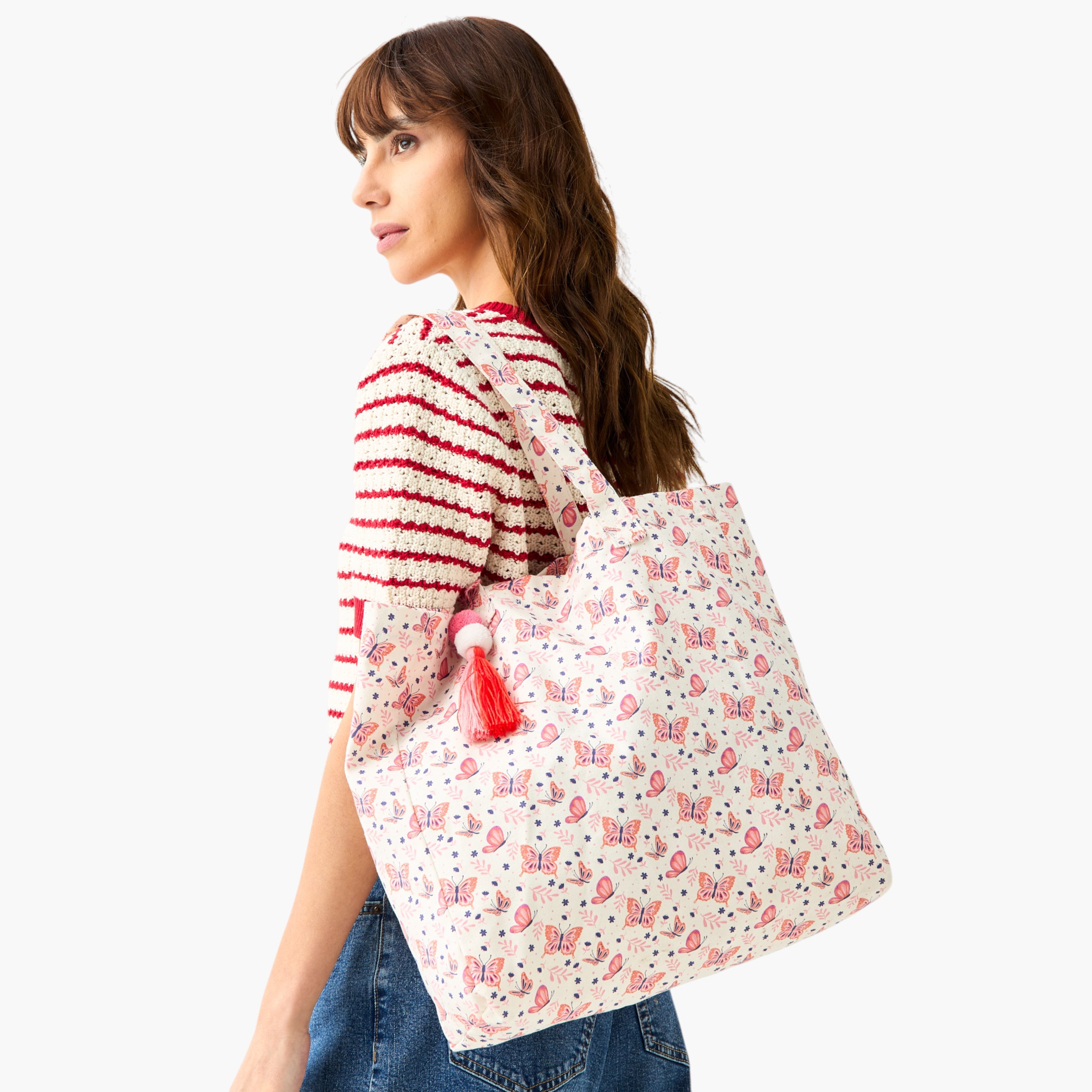 Butterfly Print Tote Bag with Double Handles and Tassel Detail-women-bagsandwallets-handbags-image-2