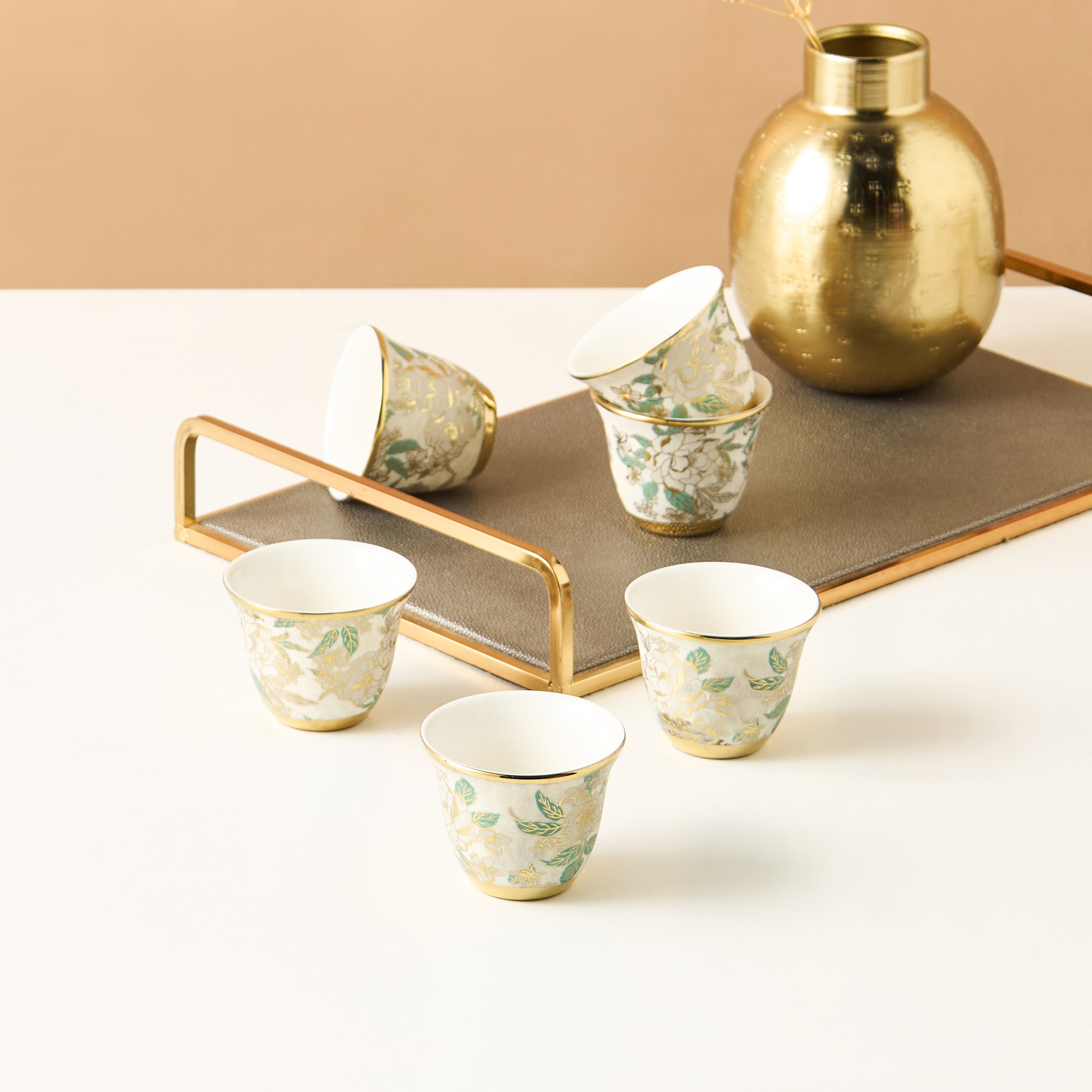 Golden Inflorescence Ceramic Kahwa Cup - Set of 6-household-dining-teaandcoffee-teaandcoffeesets-image-1