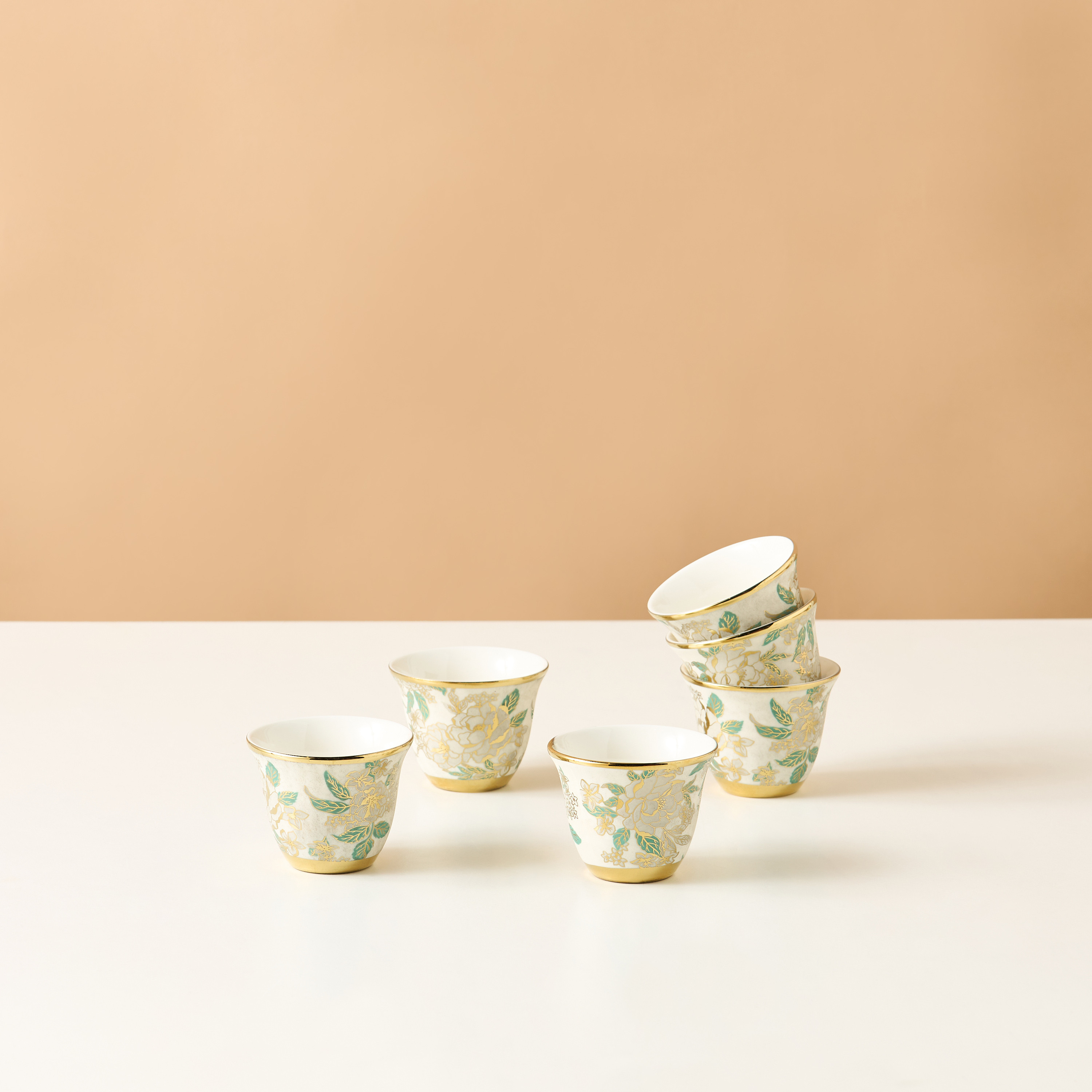 Golden Inflorescence Ceramic Kahwa Cup - Set of 6-household-dining-teaandcoffee-teaandcoffeesets-image-3
