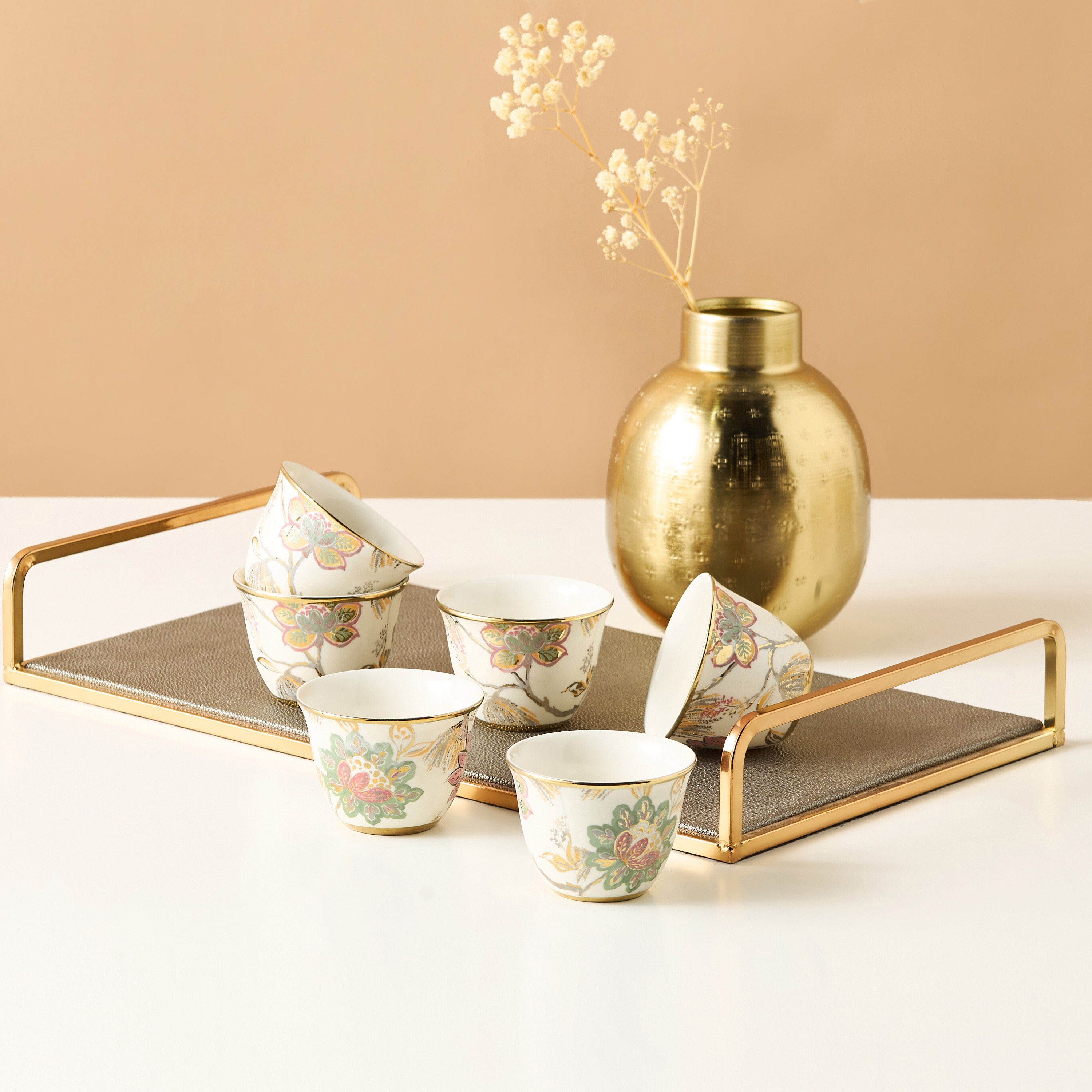 Floral Print Ceramic Kahwa Cup - Set of 6-household-dining-teaandcoffee-teaandcoffeesets-image-1