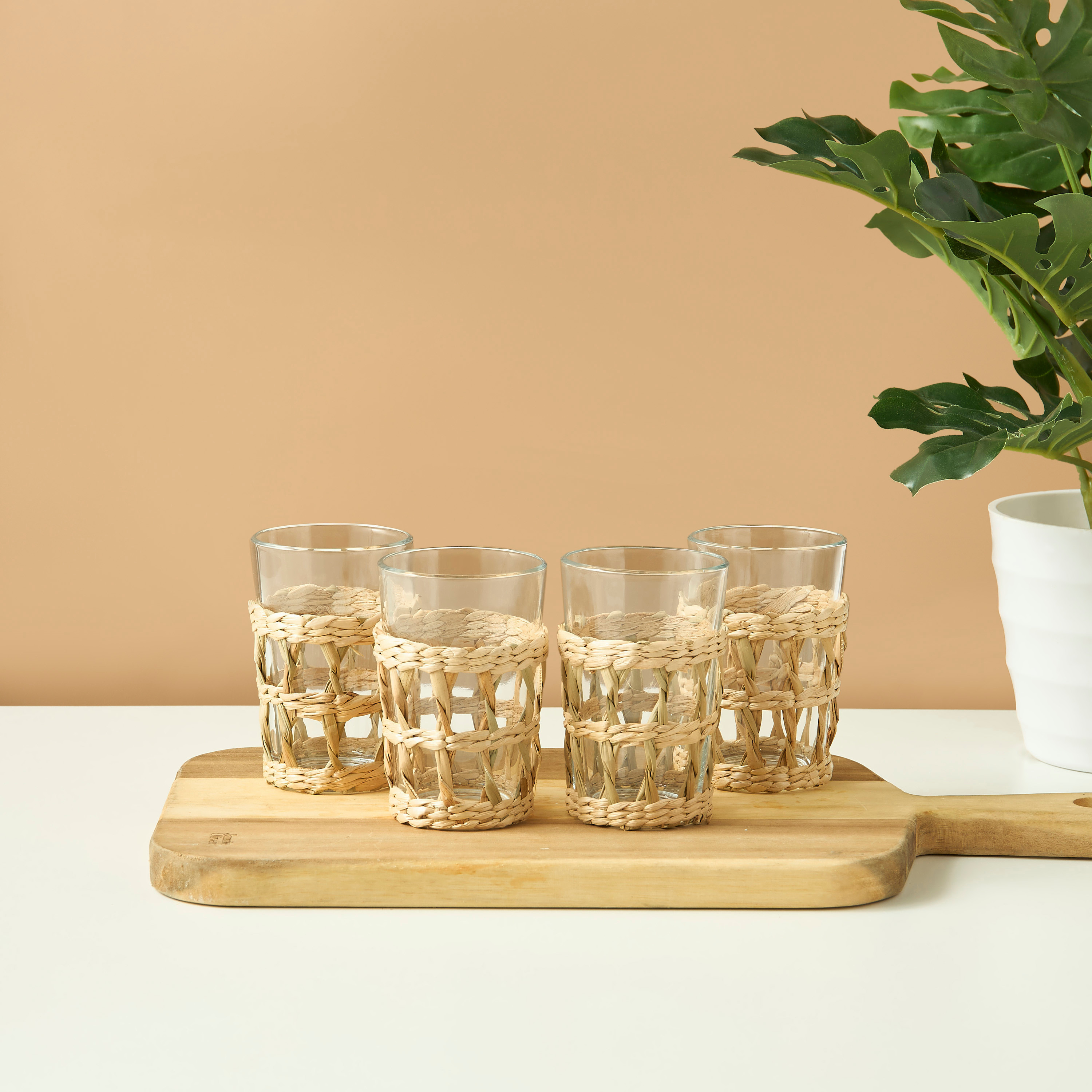 Straw Accent 4-Piece Glass Tumbler Set-household-dining-glassware-drinkingglasses-image-1
