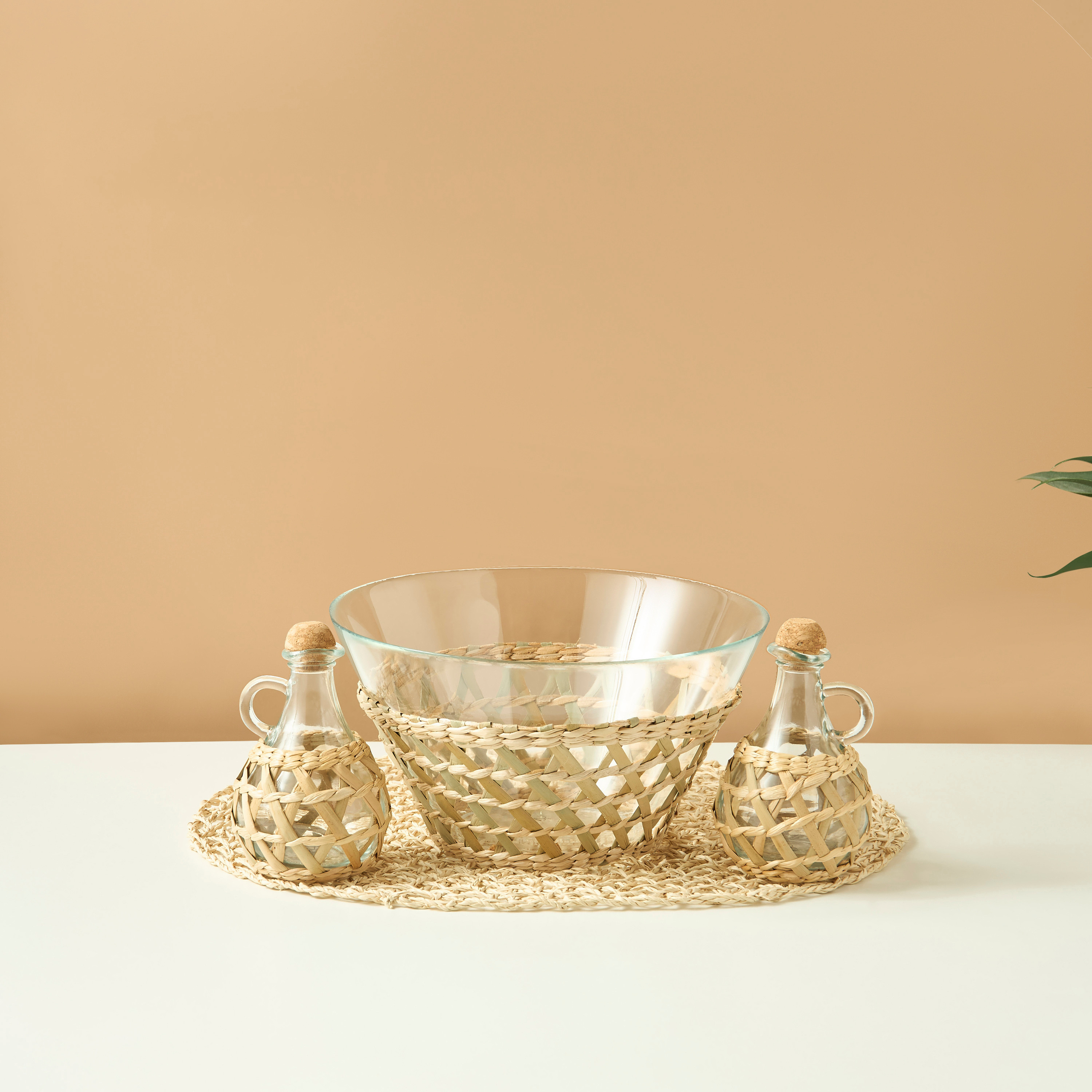 Straw Accent 3-Piece Glass Bowl and Bottle Set-household-kitchen-foodstorage-containers-image-1