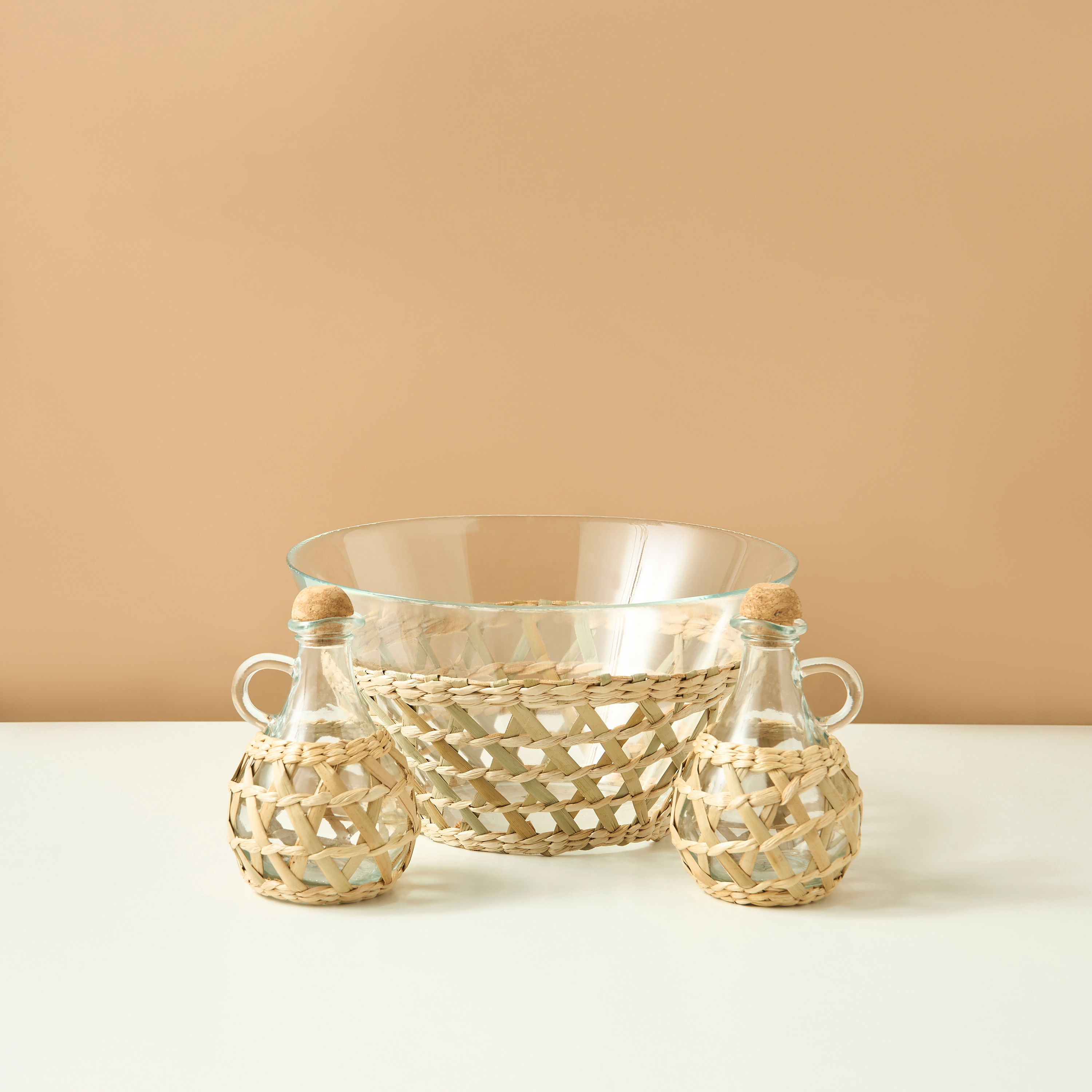 Straw Accent 3-Piece Glass Bowl and Bottle Set-household-kitchen-foodstorage-containers-image-2