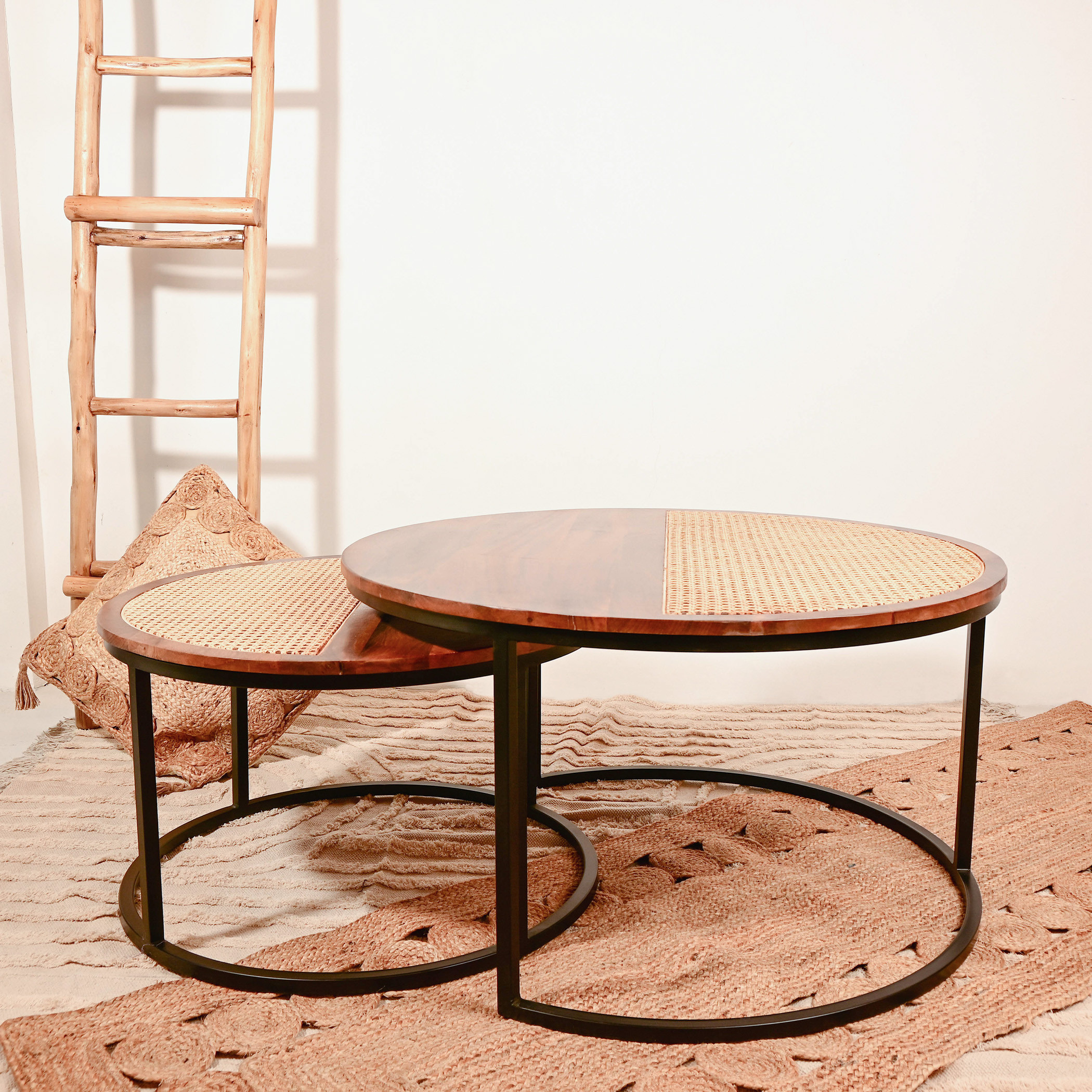 Home Carving 2-Piece Rattan Detail Wooden Nesting Table Set-furniture-livingroom-nestoftables-image-1