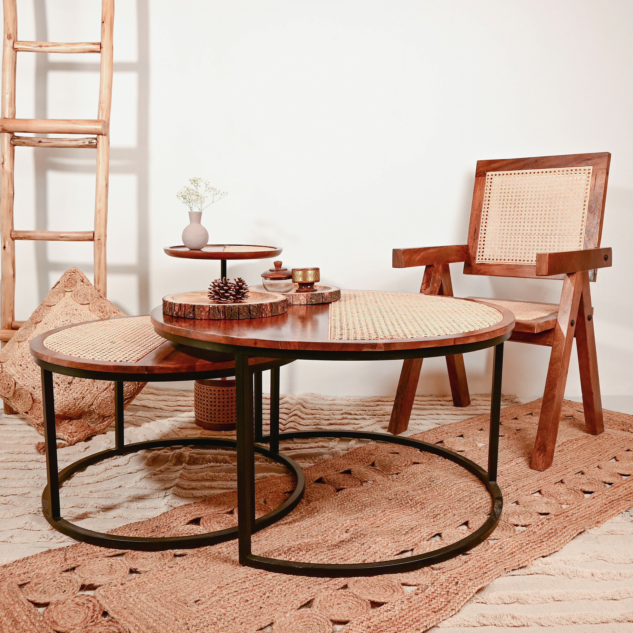 Home Carving 2-Piece Rattan Detail Wooden Nesting Table Set-furniture-livingroom-nestoftables-image-5