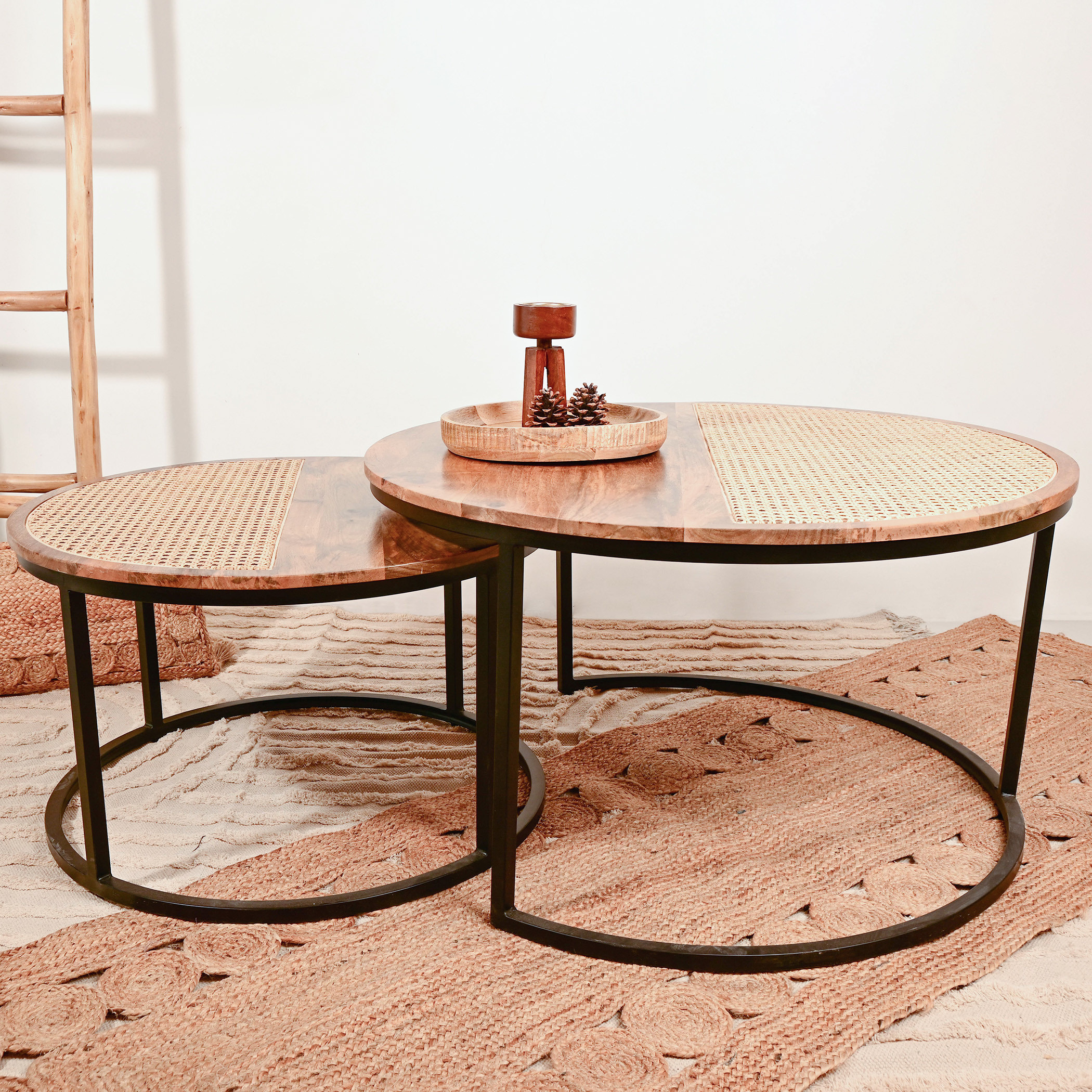 طقم طاولات خشبية متداخلة بتفاصيل روطان قطعتين من هوم كارفينج-furniture-livingroom-nestoftables-image-1