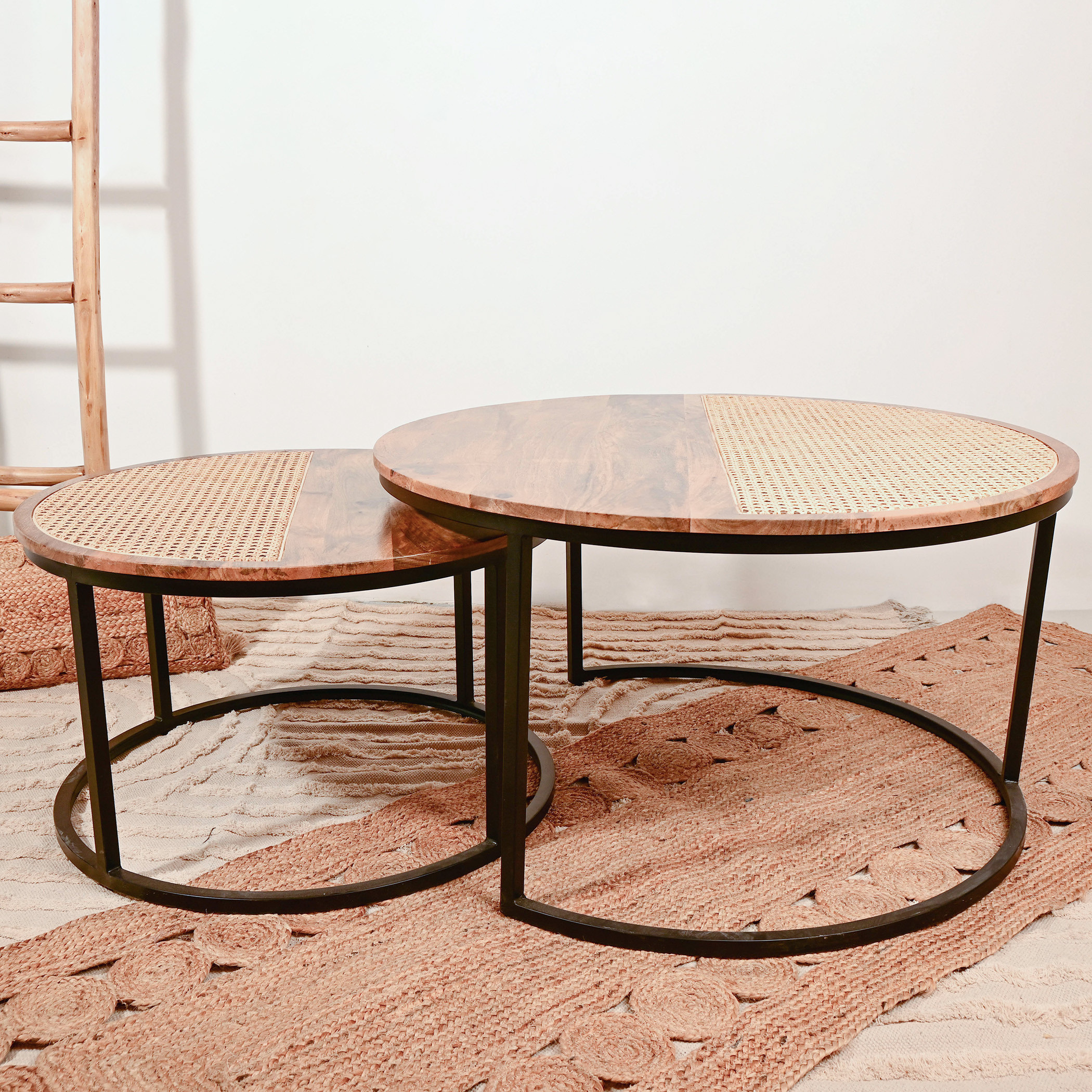 طقم طاولات خشبية متداخلة بتفاصيل روطان قطعتين من هوم كارفينج-furniture-livingroom-nestoftables-image-2