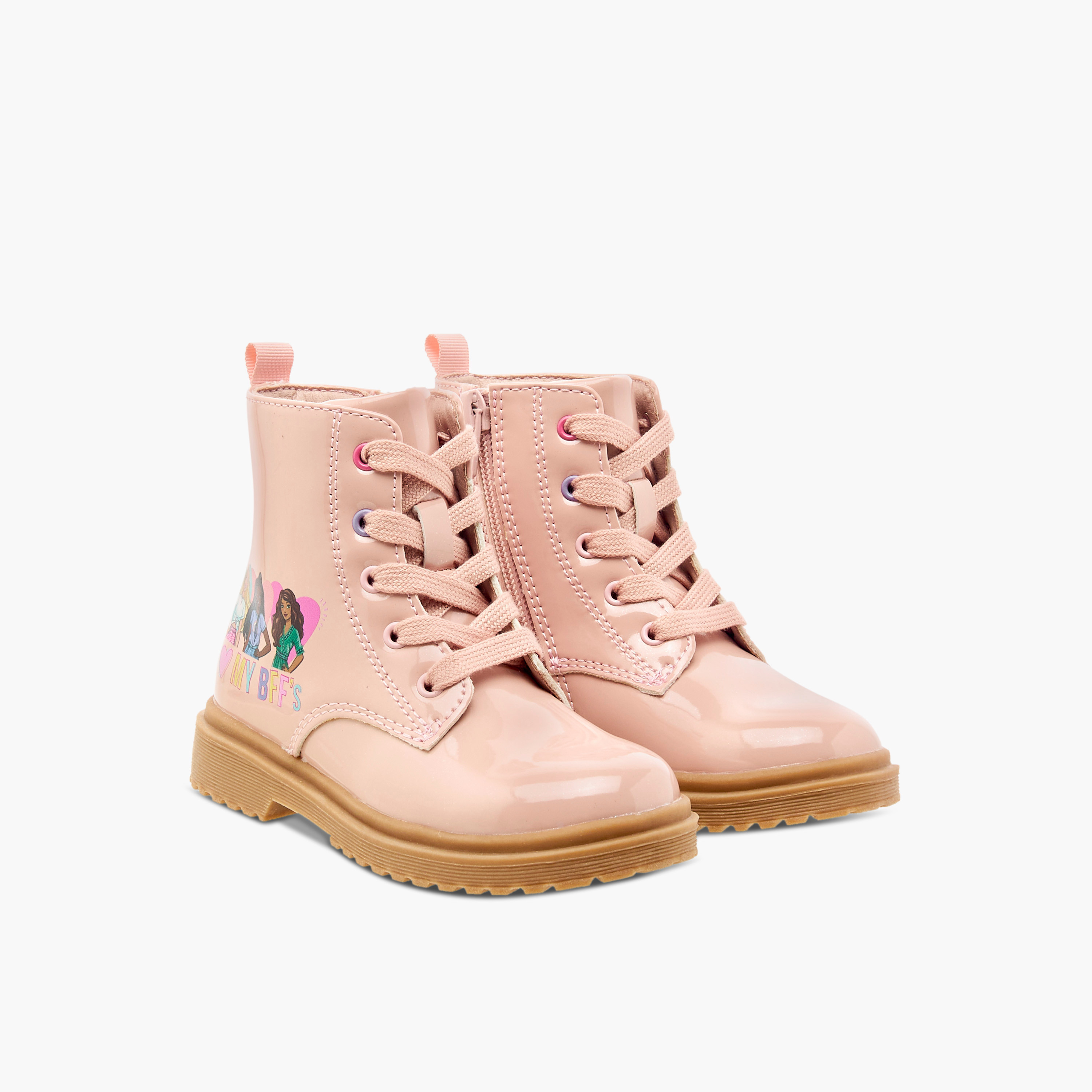 Barbie Printed Ankle Boots with Lace-Up Closure-girls-shoes-boots-image-1
