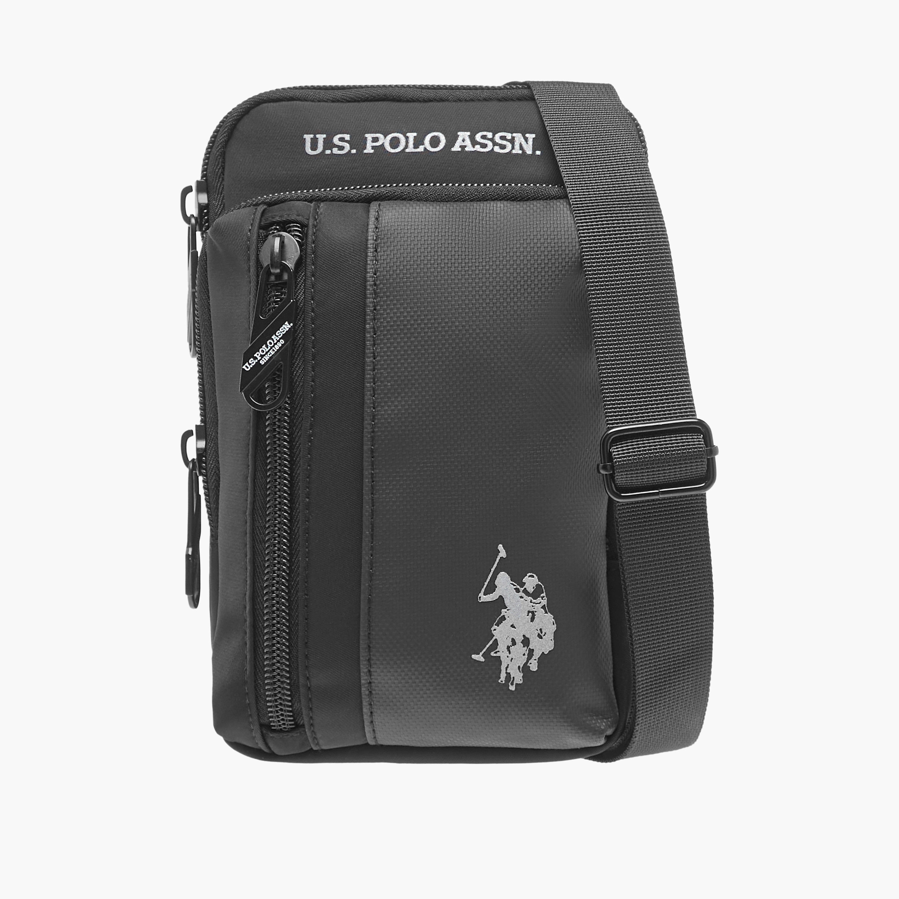 US POLO ASSN. Logo Print Panelled Crossbody Bag with Zip Closure-men-bags-image-1