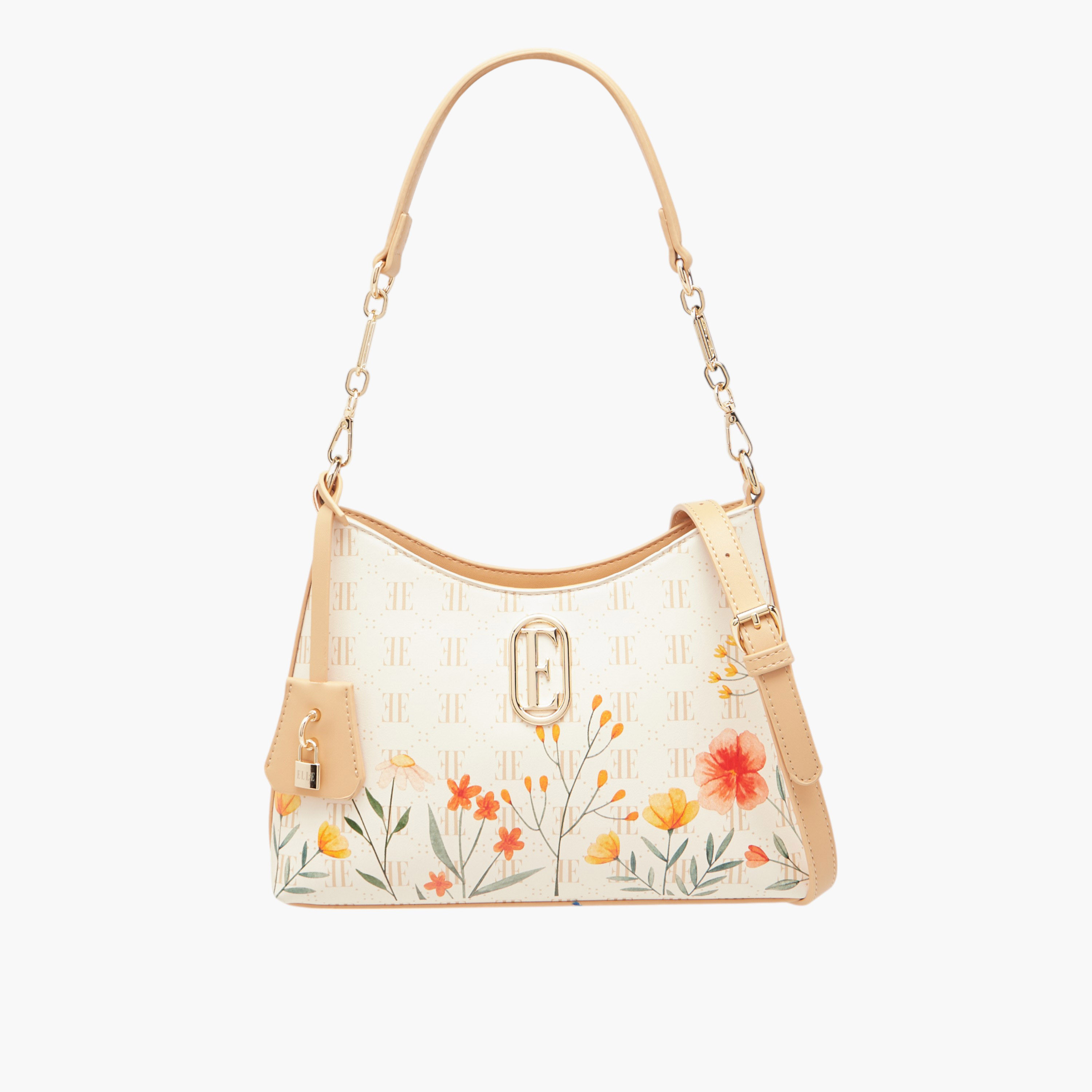 Elle Monogram Print Shoulder Bag with Zip Closure and Adjustable Strap-women-bagsandwallets-handbags-image-1